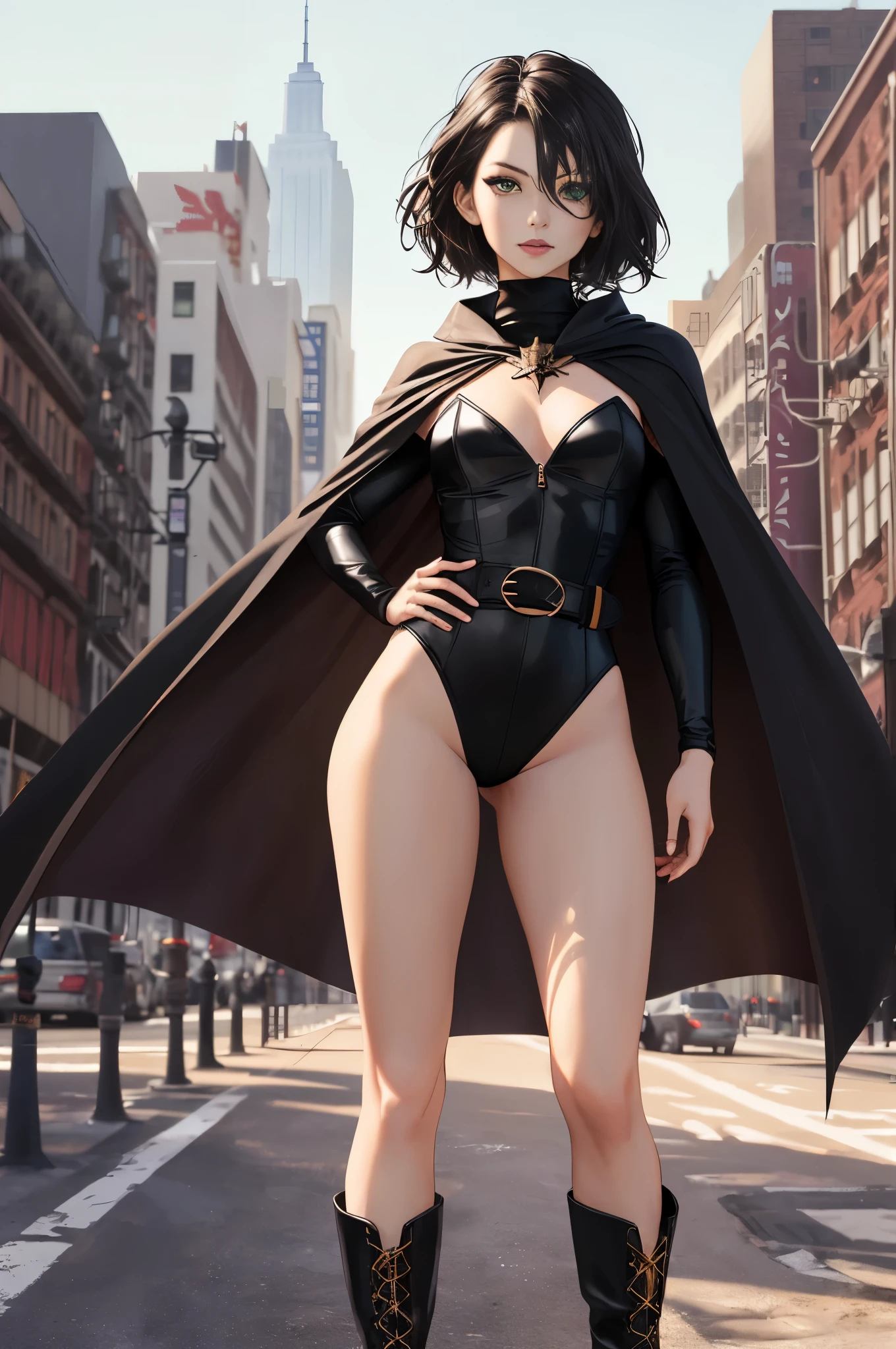 ((best quality)), ((masterpiece)), ((ultra realistic)), (dynamic standing pose), (solo), german, beautiful detailed face, detailed eyes, sexy model, ((dressed in a black leotard)), new york city backdrop, highly detailed, professional, bare legs, full body), ((black hair, short hair)), green eyes, matching boots, long sleeves, yellow hawk-shaped crest engraved on chest, ((black cape)), turtleneck, belt