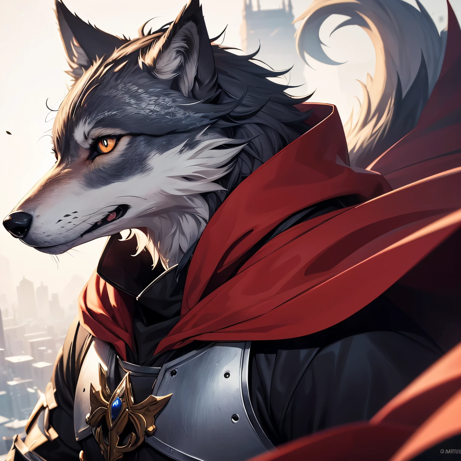 One scene of movie, depth of field, motion blur, absurdres, looking at viewer, (best quality), (masterpiece), (ultra detailed), sharp focus, niji, eyesgod, black eye, furry, solo, light-white fur, brown fur, black beard, close up face, profile picture, crossed arms, wink eye, smile, anthro (wolf), male, (wolf), middle-aged, muscular, knight costume, long red cherry cloak, ultra detailed face