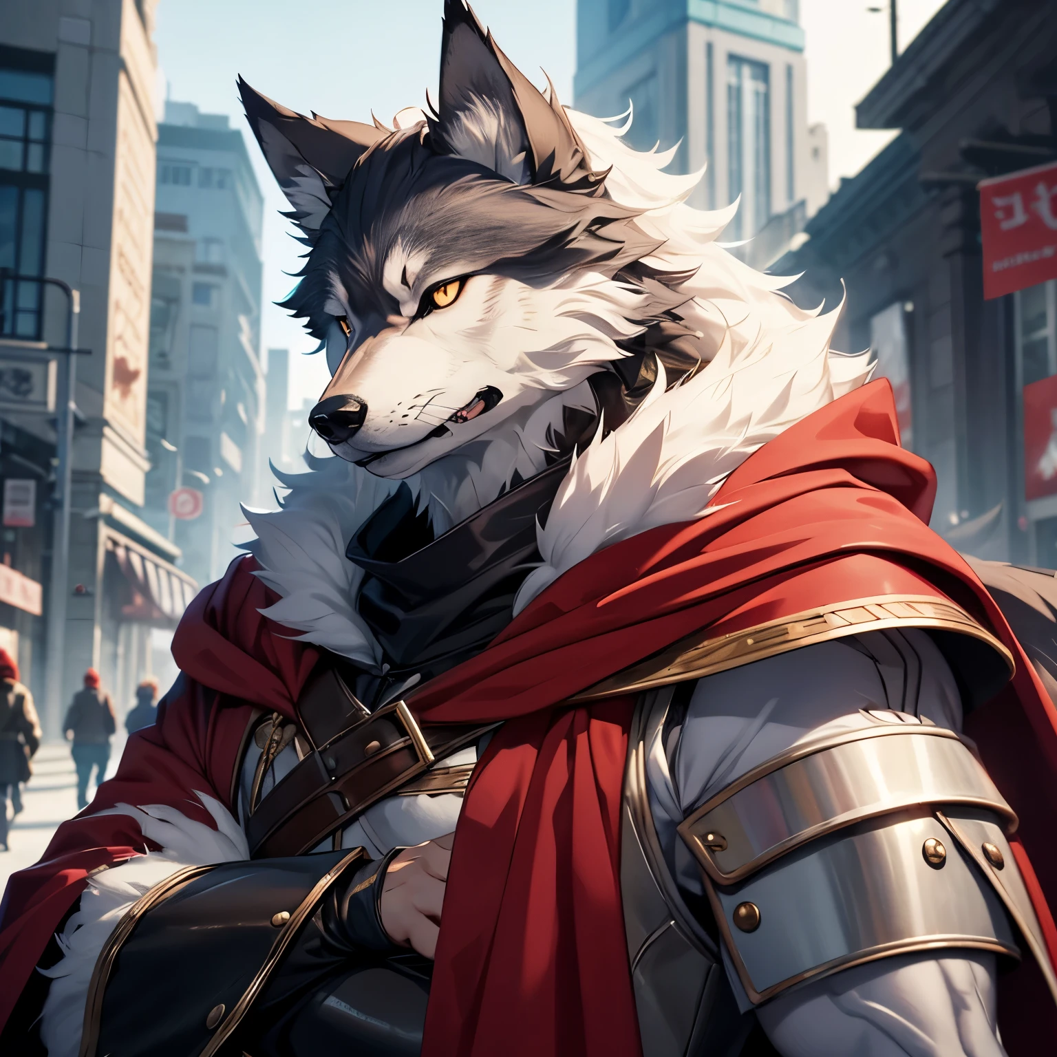 One scene of movie, depth of field, motion blur, absurdres, looking at viewer, (best quality), (masterpiece), (ultra detailed), sharp focus, niji, eyesgod, black eye, furry, solo, light-white fur, brown fur, black beard, close up face, profile picture, crossed arms, wink eye, smile, anthro (wolf), male, (wolf), middle-aged, muscular, knight costume, long red cherry cloak, ultra detailed face