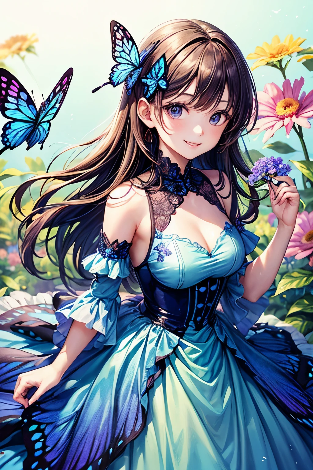 (32k), (beautiful cute girl), (butterfly ornament), (butterfly dress), ((many butterflies)), (((background of many flowers
))), (((bright background))), (beautiful world), (cute world), smile,