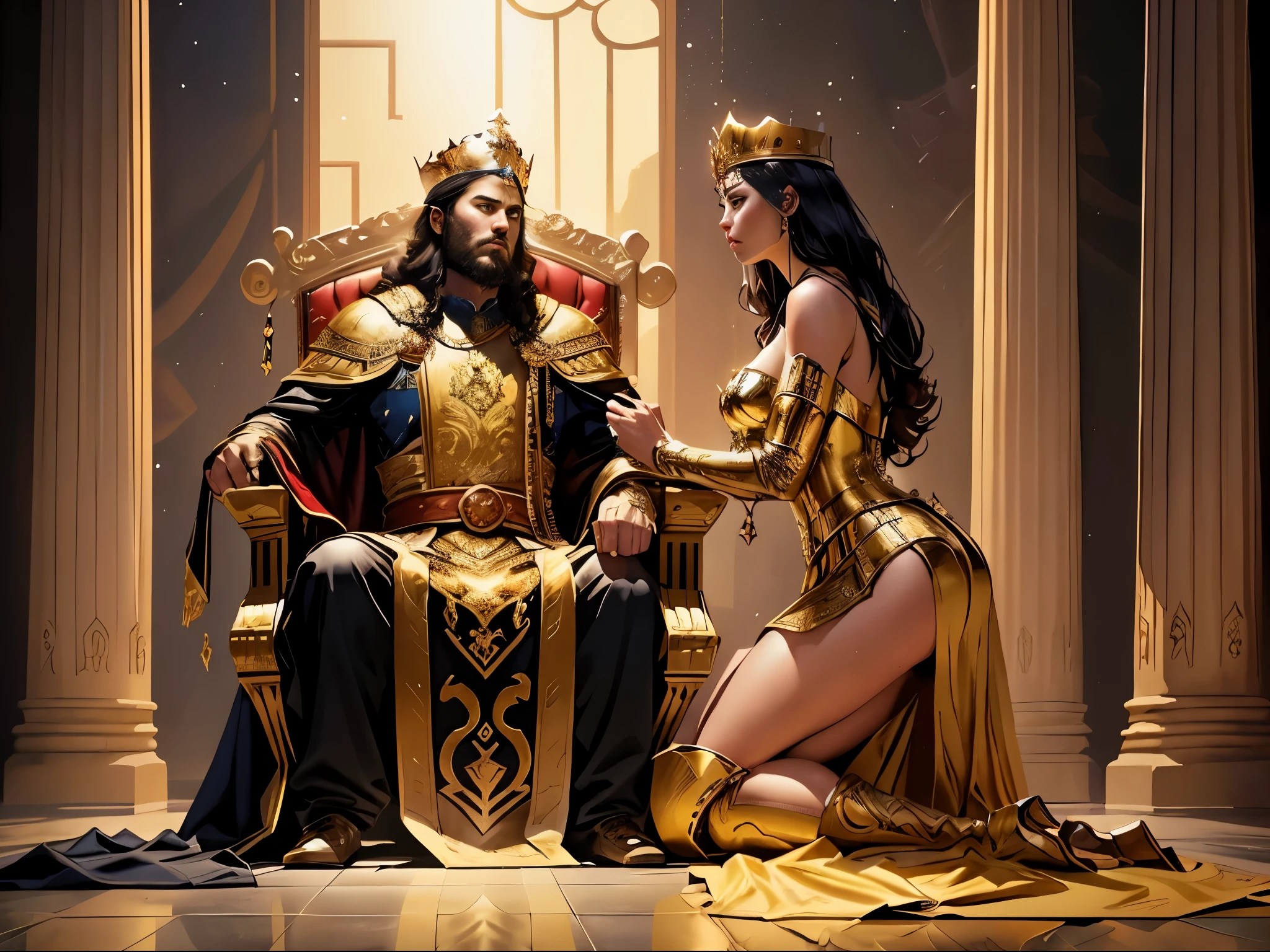 there is a woman sitting on a throne next to a man, artgerm and ben lo, wlop and artgerm, artgerm and ilya kushinov, artgerm and grek rutkowski, wlop and ross tran, artgerm and wlop, tuomas korpi and wlop, artist artgerm i and wlop