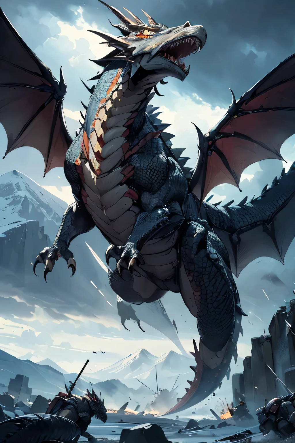 (mackerel,very detailed,realistic:1.2),snow-covered mountain,비행중인 상세한 dragon,Battle scenes,massive fire breathing,fierce warriors on the battlefield,armored soldier charging,Ominous storm clouds are gathering,dramatic lighting,Moody atmosphere,heroic decision,vivid colors,ancient mythological creatures,Fantastic scenery,dragon'The presence is overwhelming..,An epic clash between good and evil