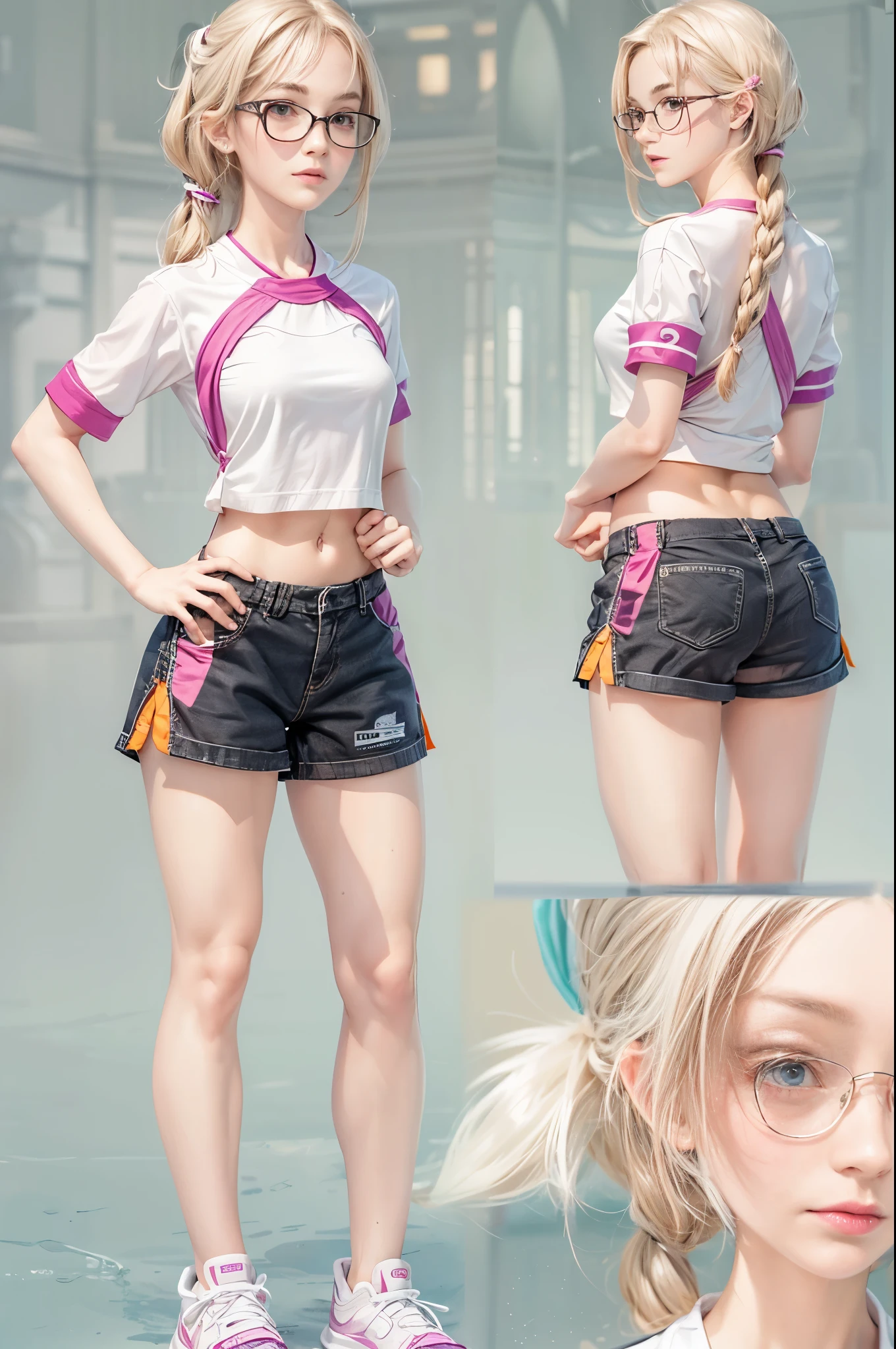 masterpiece, best quality, high quality, High definition, High quality texture, High quality shadow, high detail, beautiful detailed, finely detailed, extremely detailed cg, detailed texture, a realistic representation of the face, realistic, colorful, delicate, sharp focus, (intricate details, makeup, PureErosFace_V1:0.5), (detailed beautiful delicate face, detailed beautiful delicate eyes, a face of perfect proportion, high detailed skin, detailed skin, best ratio four finger and one thumb, skiny and thin:1.3), 1girl, 17 years old, tall, (smooth_abs:1.55), (abs:0.5), pretty, masterpiece, highres, (long_skinny_legs), (straight_legs), (skinny_waist), (((fair skin))), white skin, (((pale skin))), pink sports Bandeau, (school_uniform:swim_suits:0.5), white shorts, standing legs apart, looking at viewer, pink sports shoes, glasses, (Emma_watson), big_breast, (((Caucasian))), Light blonde hair, pink and white, sakura leaves