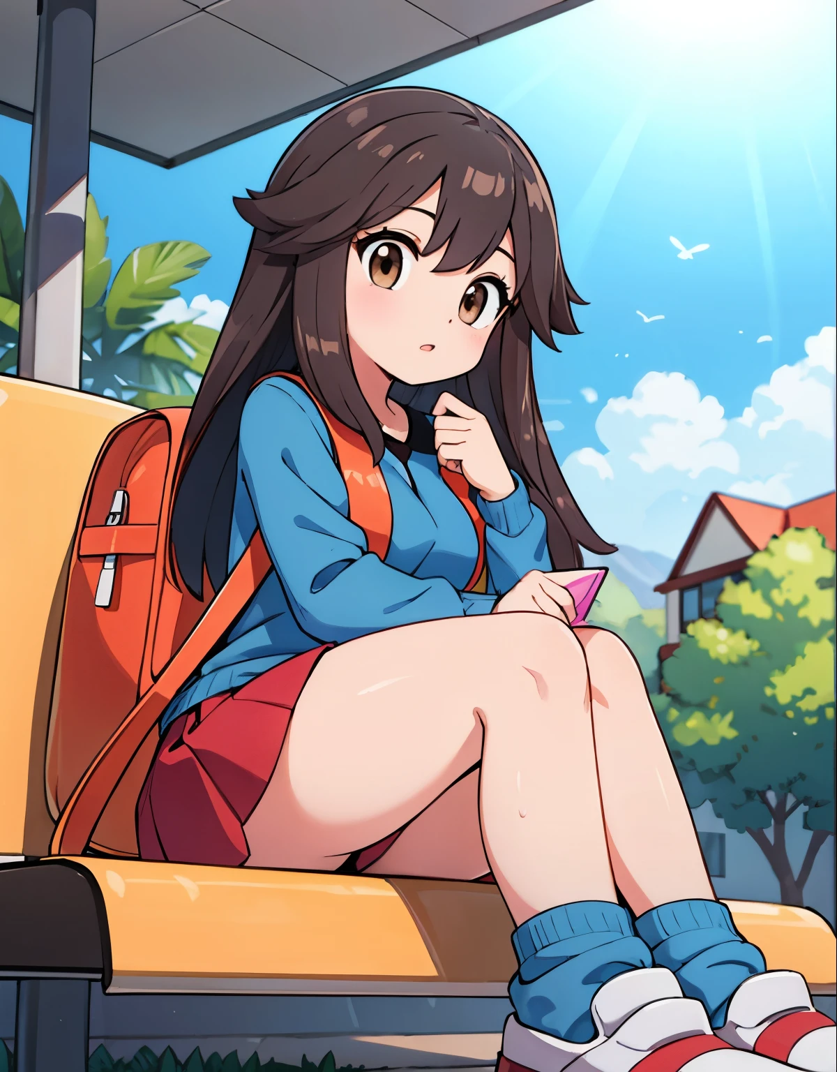 leaf pokemon sitting at a bus stop,focused,looking at a map,red skirt, blue shirt, brown eyes, long hair, long legs, loose socks, white footwear, upskirt, body shape, chubby thighs,a backpack beside her,confused,illustration,having a detailed face and expression,detailed hair,beautiful eyes and lips,daylight,urban landscape,clear sky,vivid colors,well-defined shadows