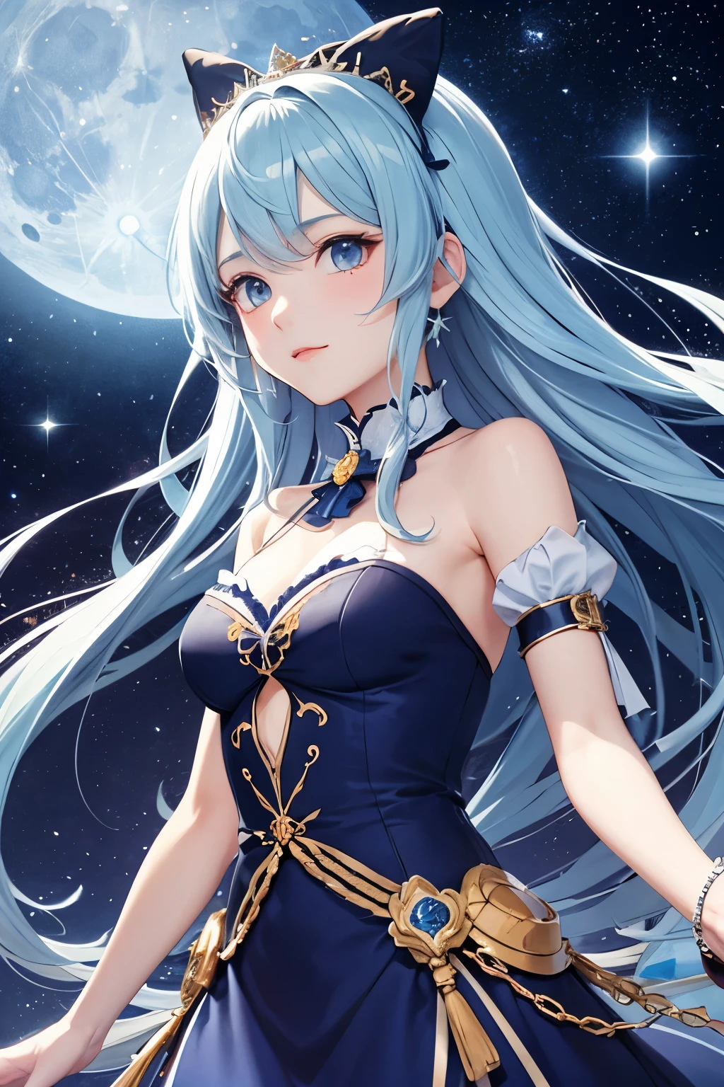 best quality Hair light blue moon night anime face blue eyes God cute clear Idol