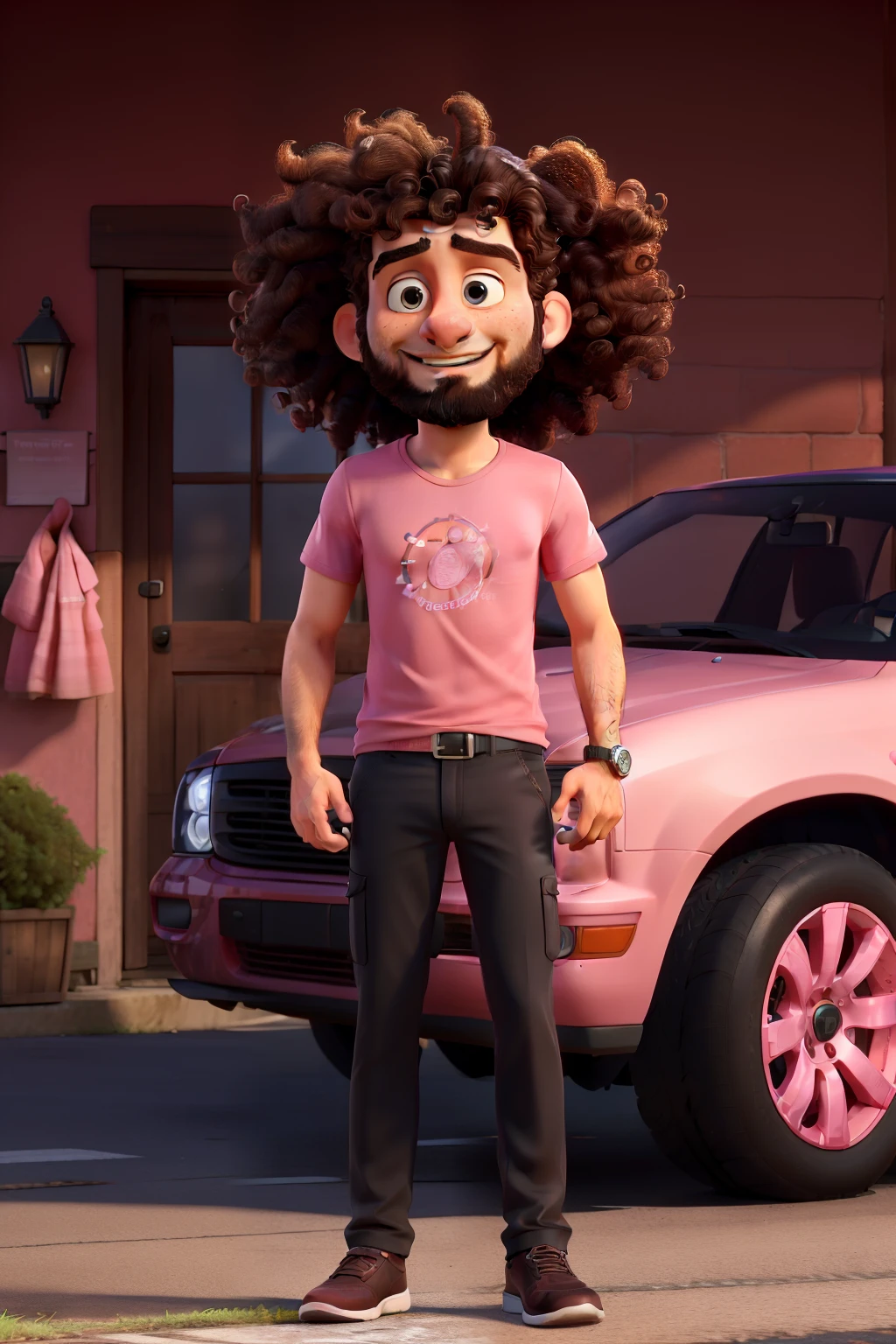 (best quality,4k,highres:1.2),ultra-detailed,realistic,portrait,man with curly hair and beard,wearing a pink t-shirt with the words "Mary Kay",black formal pants and black shoes,standing in front of a pink Mary Kay car, surrounded by various Mary Kay products