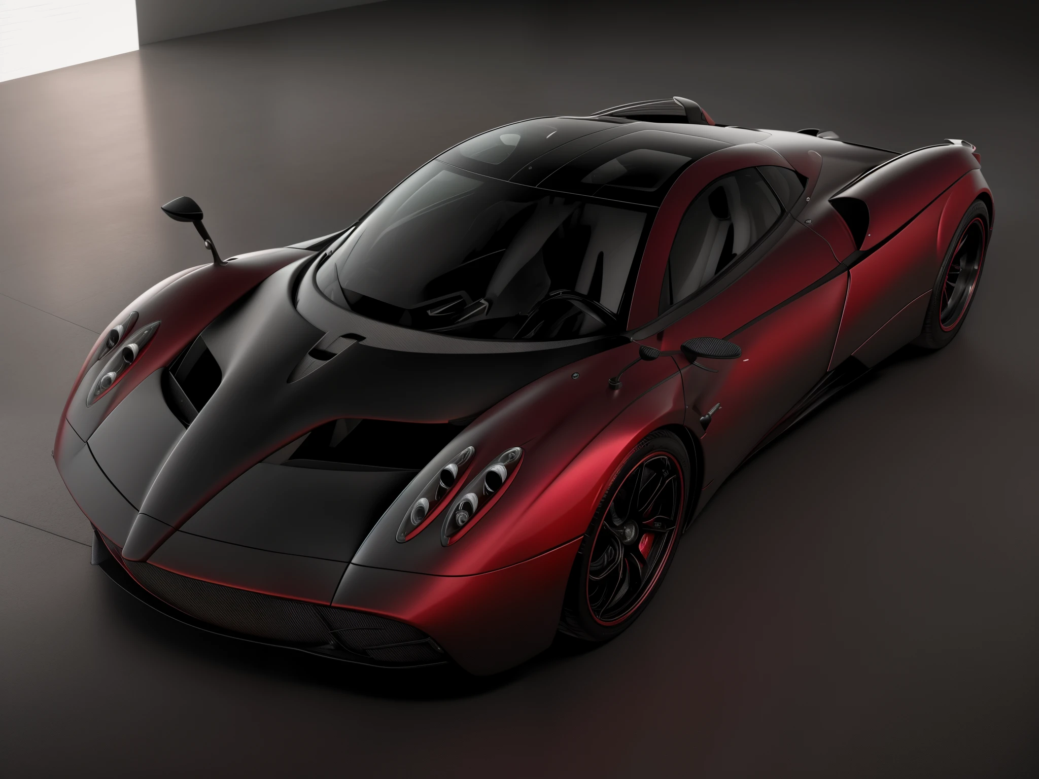 a close up of a Black and red pagani huayra car in a garage, super rendered in octane render, hyper realistic octane render 4k, hyper realistic octane render, insanely detailed octane render, 8 k cg render, hyper real render, amazing octane render, created in octane render, rendered in octane render, hyperrealistic octane render, high detail 8 k render, high detail 8k render