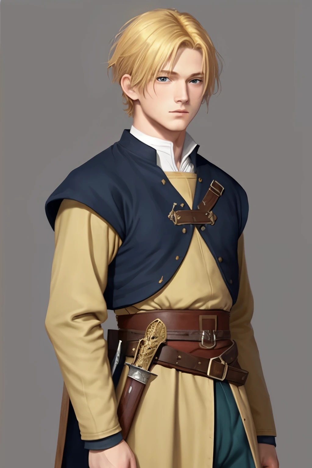 boy, Golden hair, blond, in medieval military uniform, 2D art for a visual novel, without the background, body to the waist, Blue eyes, short haircut, Hooked nose, square face, Calm face, sword on your back, short stature