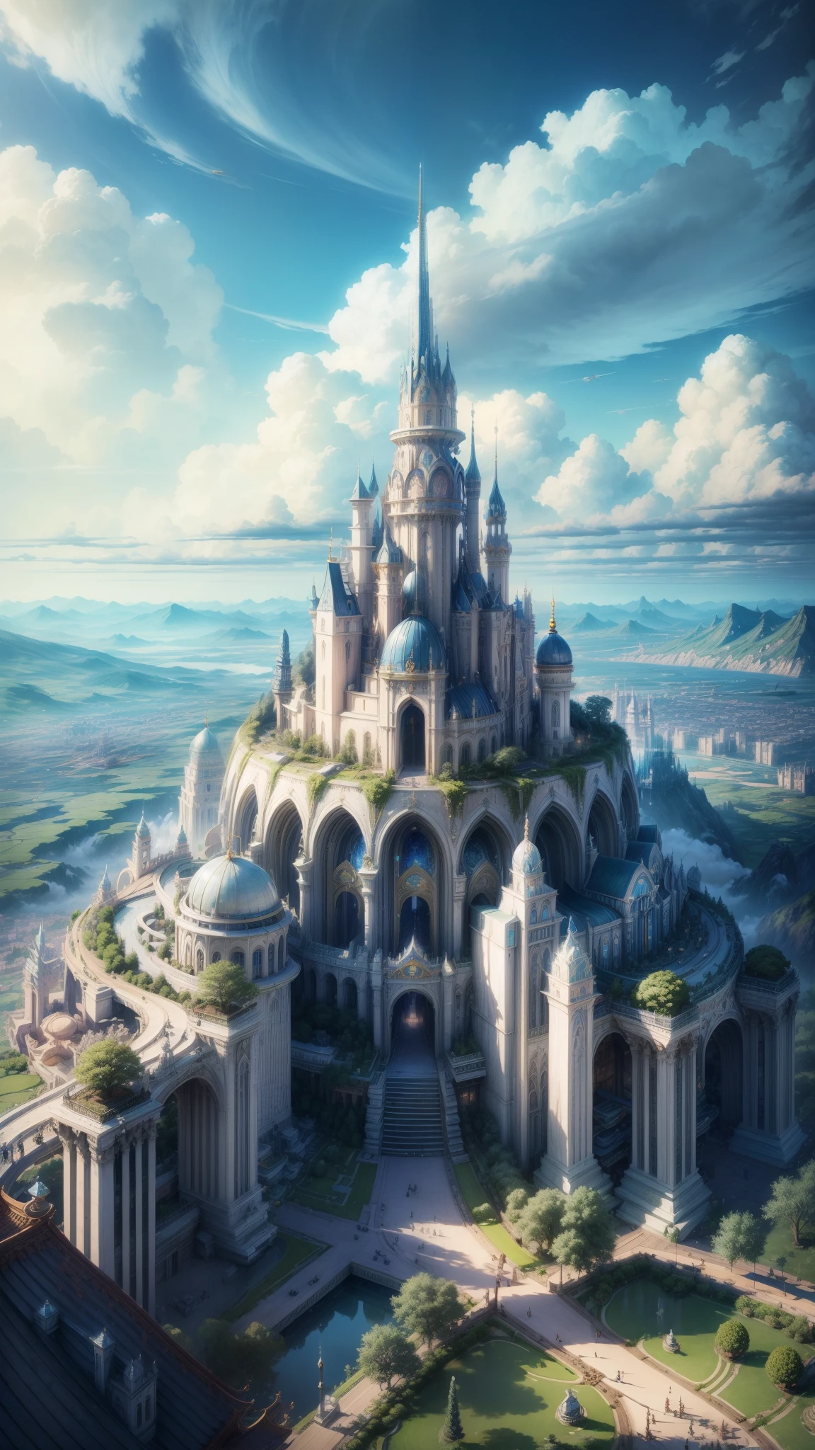 A city on clouds, ((serene girl)) with flowing hair, vivid and lively surroundings, tall and elegant buildings, airships in the sky, enchanting gardens, calm and tranquil mood, magical atmosphere, benevolent deity's reign over a sky kingdom, inhabitants living harmoniously with nature, distinct and beautiful architectural style, breathtaking landscape.