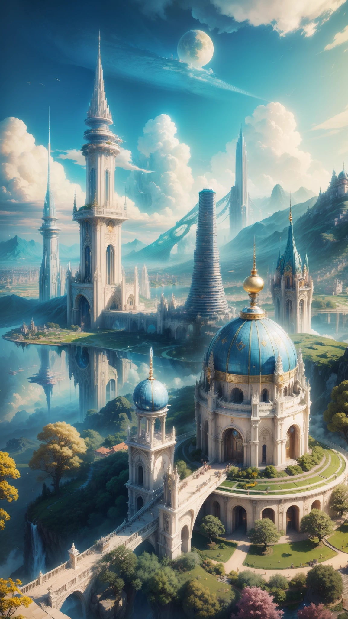 A  city on clouds, ((serene girl)) with flowing hair, vivid and lively surroundings, tall and elegant buildings, airships in the sky, enchanting gardens, calm and tranquil mood, magical atmosphere, benevolent deity's reign over a sky kingdom, inhabitants living harmoniously with nature, distinct and beautiful architectural style, breathtaking landscape.