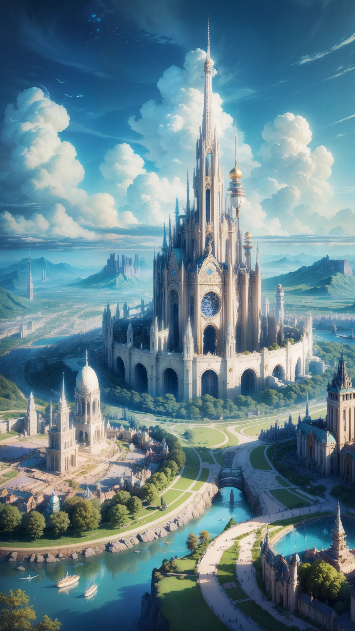 A city on clouds, ((serene girl)) with flowing hair, vivid and lively surroundings, tall and elegant buildings, airships in the sky, enchanting gardens, calm and tranquil mood, magical atmosphere, benevolent deity's reign over a sky kingdom, inhabitants living harmoniously with nature, distinct and beautiful architectural style, breathtaking landscape.