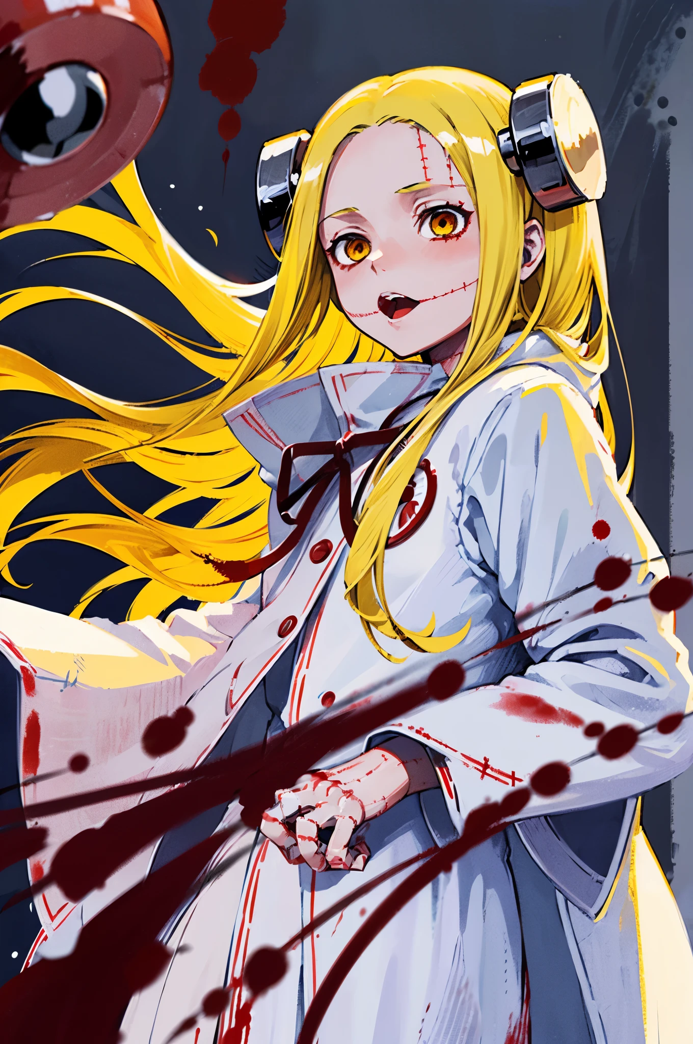 Madaraki_Fran,young woman ,(Screams) ,White robe ,a lot of blood,((BLOODY STRIKE)), long hair ,Blood magic , conjures , Blood , yellow hair,Seams , Scars on the body ,blood stains on clothes , blood spatter , face covered in blood , hair in blood,(((VILLAIN))) , a lot of blood , blood on my hand