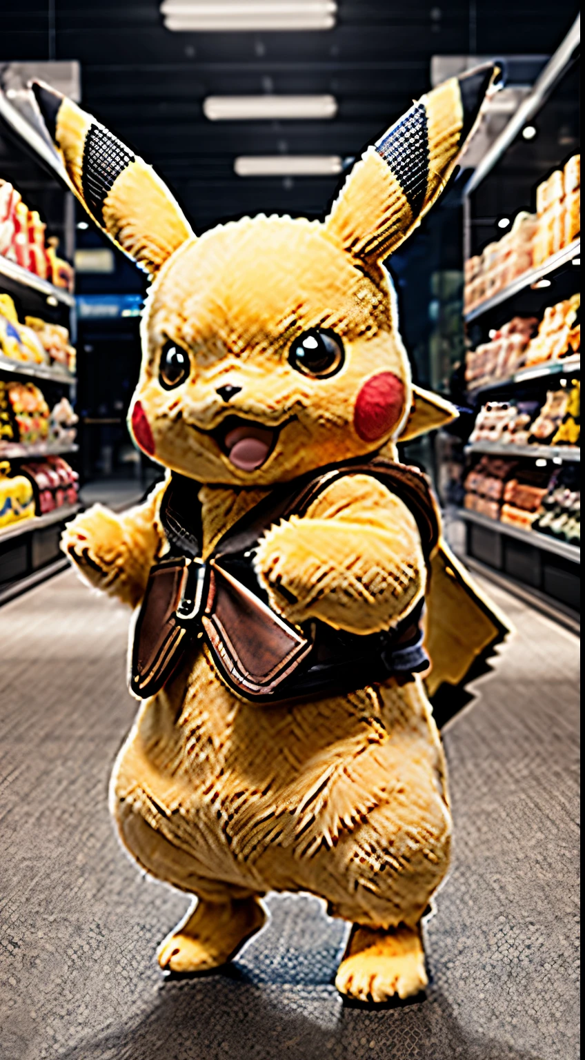Masterpiece, Highest Quality, Ultra-Detailed, Hyper-Real, Pikachu, perfect face, Full Body, FOTO FRONTAL, cinematic lighthing, clothes market shopping