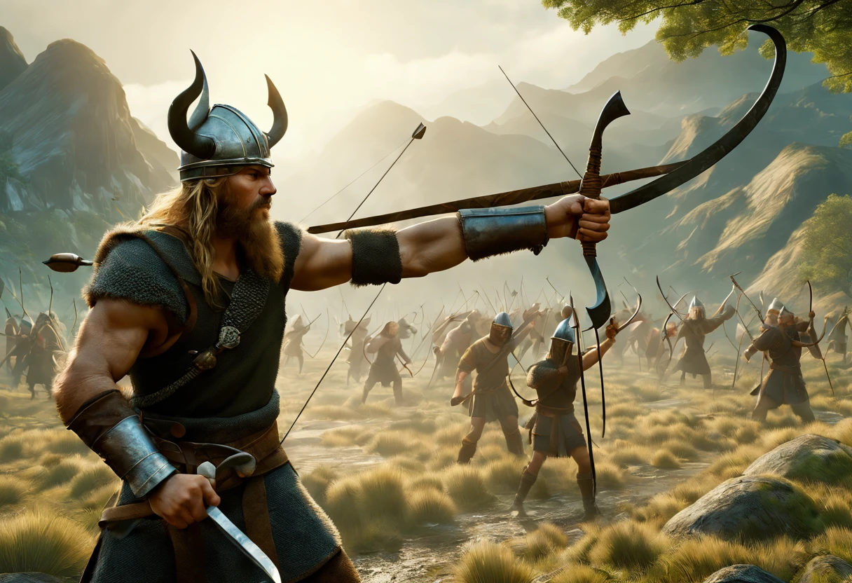 Vikings, ((several Viking men with weapons of the time (sword and axe, but other weapons such as the bow and arrow close-up), warriors defending their territories hyper-realistic: 1.4)), perfectly defined and detailed body, dynamic poses, beautiful landscapes, trees, bushes, mountains, epic, ultra, (photorealistic:1.2), (masterpiece), (Top quality, 8k, 32 tsp, tabletop), (Dynamic pose), ((Best quality)), ((artwork master)), (highly detailed: 1.2), (Cinematic Lighting), 3D, beautiful,