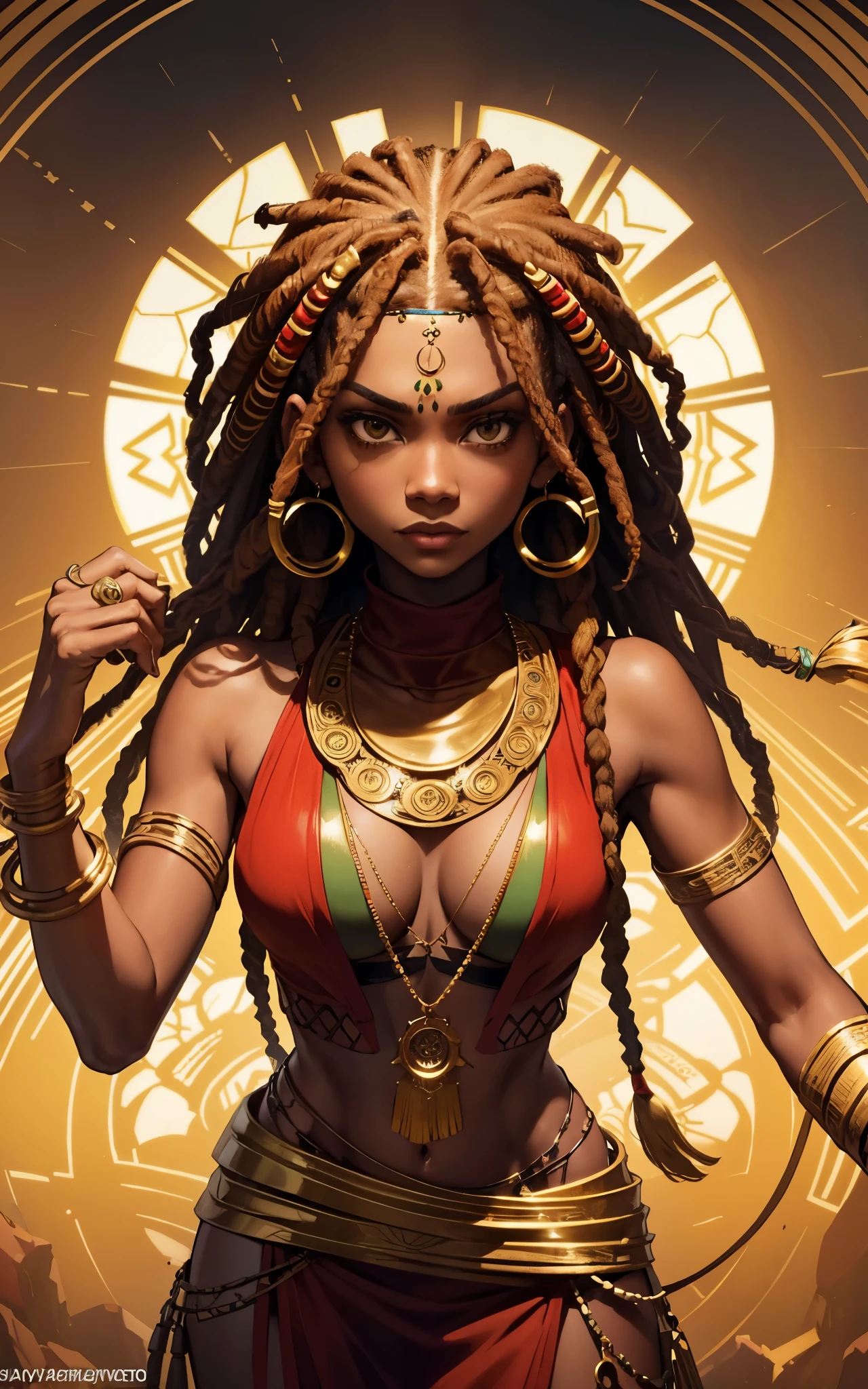 (Zendaya:Halle Berry) dressed like a nigerian chaman, red green and yellow sleeveless tunic, (high top fade haircut and dreads) tribal tattoo in the face, (golden rings necklace), Lovecraft atmosphere, masterpiece, hyperdetailed