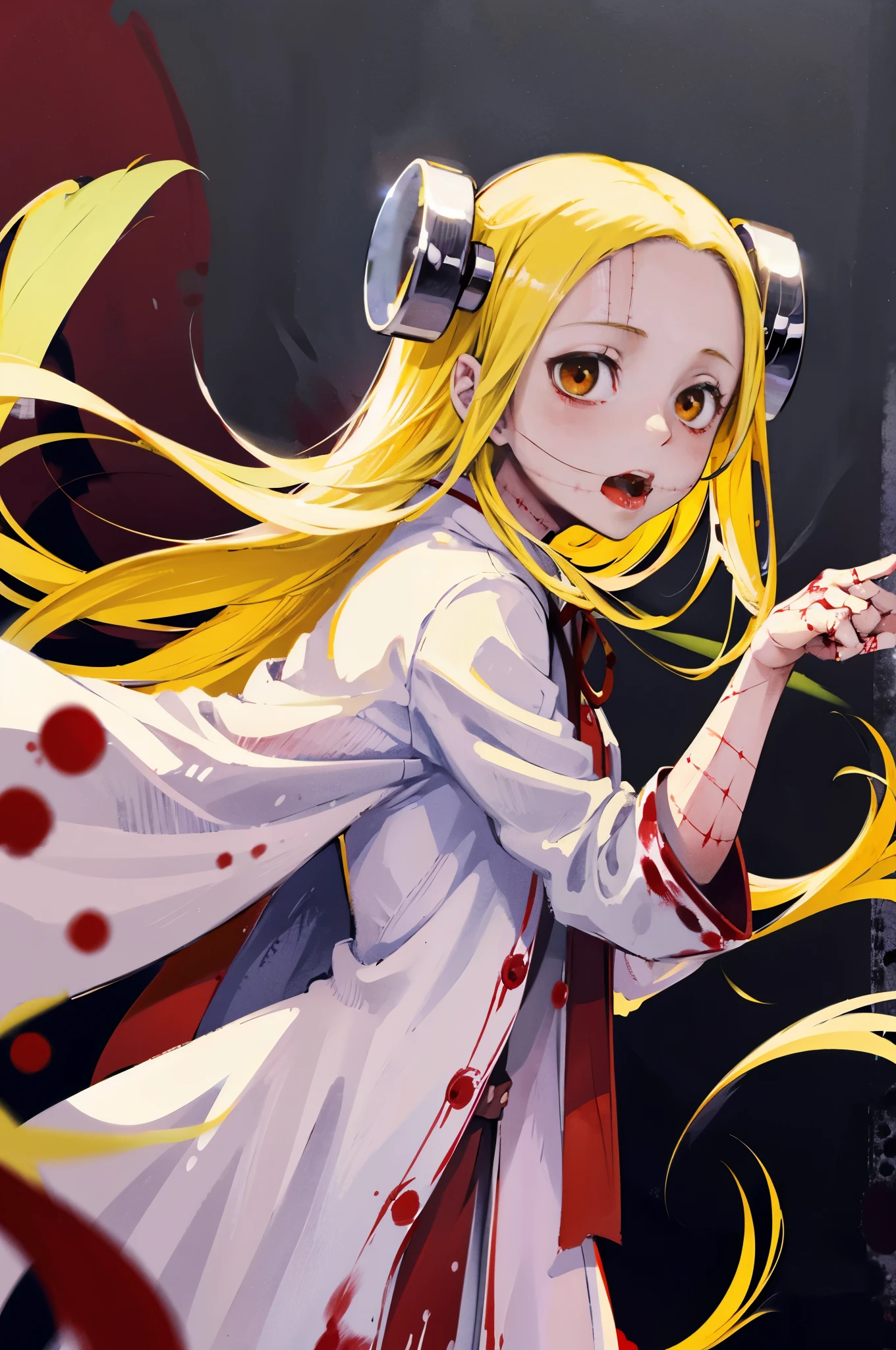 Madaraki_Fran,young woman ,(Screams),hand in front ,White robe ,a lot of blood,((BLOODY STRIKE)), long hair ,Blood magic , conjures , Blood , yellow hair,Seams , Scars on the body ,blood stains on clothes , blood spatter , face covered in blood , hair in blood,(((VILLAIN))) , a lot of blood , blood on my hand