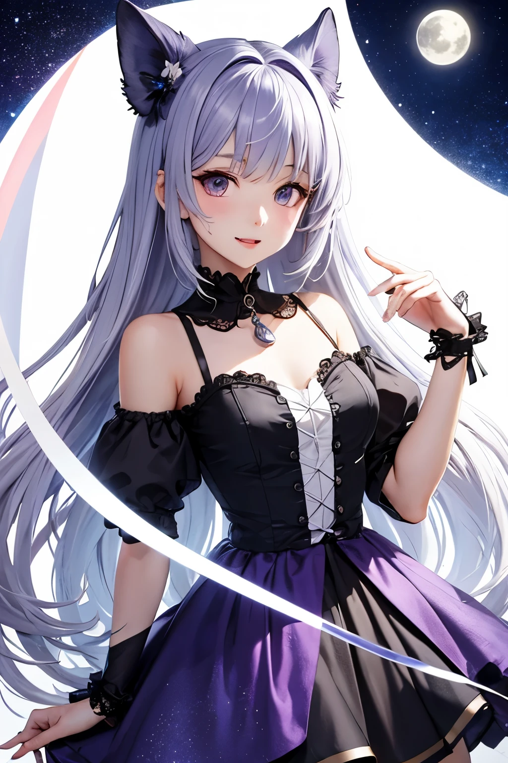 best quality　Hair purple　anime face　gray eyes　God　cute　clear　clothing idol　night　moon