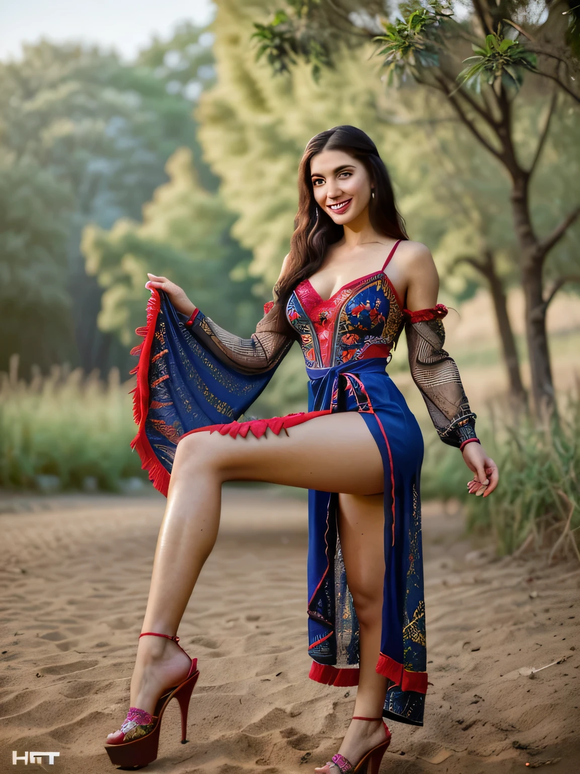 (((whole body))) (((показать legs, legs))). (((DRESS FULLY in traditional clothing.))) (((full color))) (young) (25-year-Old) (Incredibly beautiful sweaty smiling Turkman woman in high heels, hunting ), long straight sandy black hair, styled in a hairstyle, Red lips, in a sexy lace cutout, ((short)), Wear a dress made of multi-colored luminous threads., (((8K, ultra high resolution, complex parts, hyperrealistic photo)))