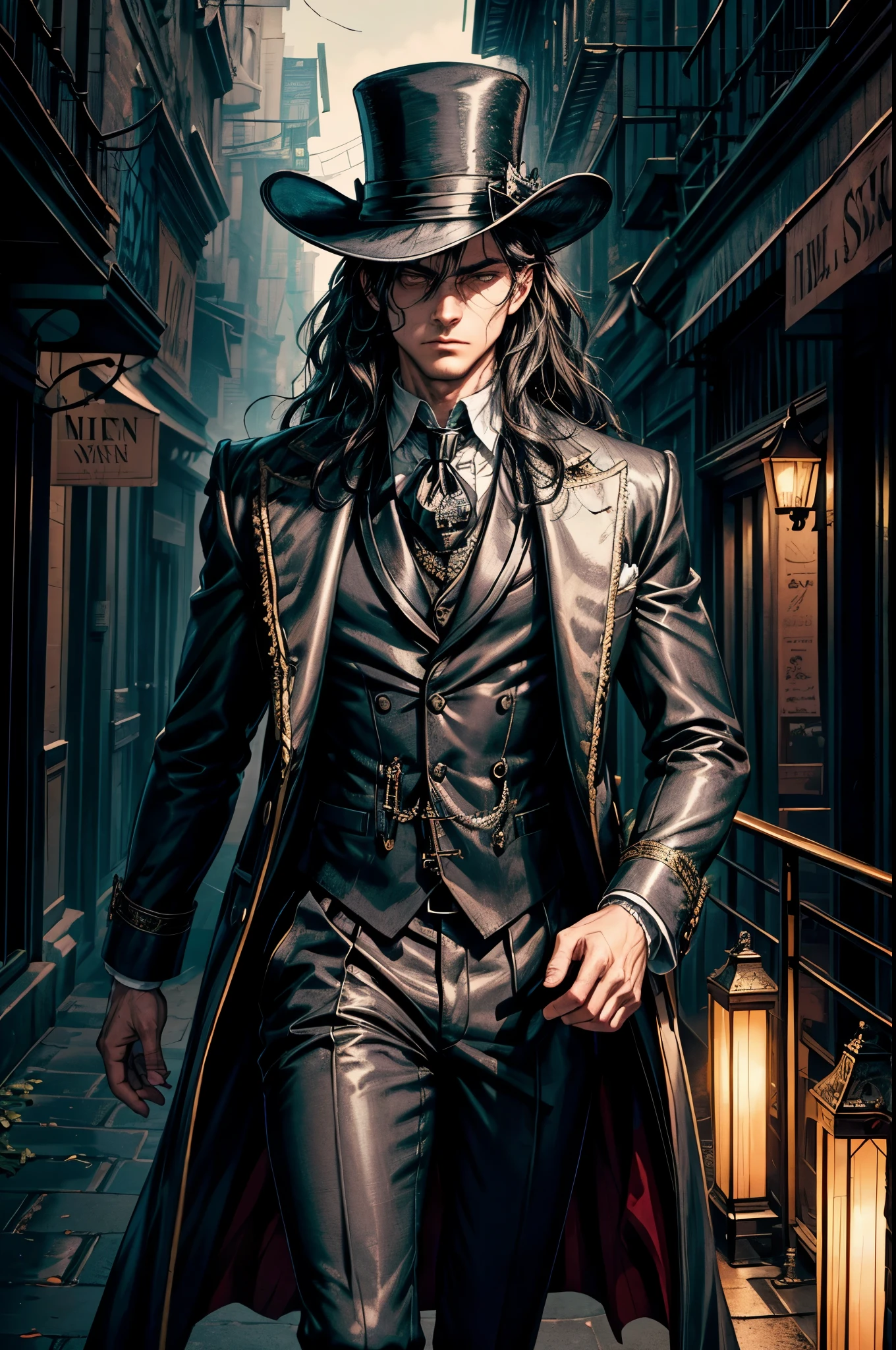 In the dimly lit alleyways of a bustling metropolis, strides a man reminiscent of a fusion between Allucard and a Victorian detective. His hair cascades in smooth waves with subtle curls, falling just above his broad shoulders, framing a face chiseled by mystery and intrigue.
Clad in attire that harks back to the refined fashion of the 18th and 19th centuries, he exudes an air of old-world charm and sophistication. His ensemble, a blend of steampunk and Victorian aesthetics, features meticulously tailored formal suits adorned with intricate patterns and embellishments.
His piercing gaze, concealed beneath the brim of a meticulously crafted top hat, speaks volumes of his astute observational skills and unwavering determination. With a long, flowing coat that billows behind him as he moves, he navigates the labyrinthine streets with the grace of a predator stalking its prey.
This enigmatic figure, shrouded in shadows and cloaked in mystery, is a testament to the timeless allure of noir-inspired artistry fused with elements of Victorian elegance. He is the epitome of a modern-day detective, a master of deduction and deception, whose presence commands attention and respect in equal measure.