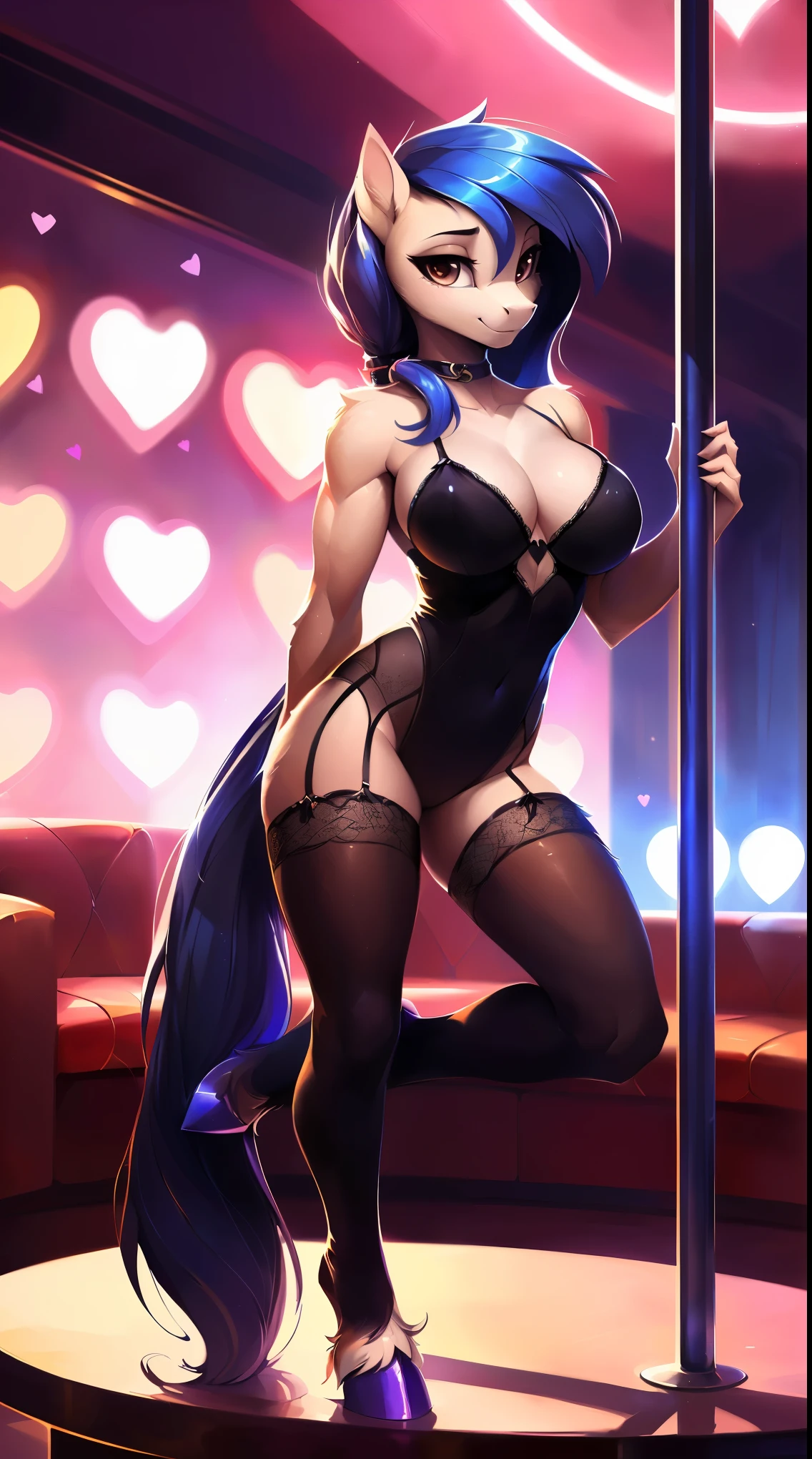 uploaded on e621, by Bayard Wu, by Einshelm, solo anthro, ((Portrait)), ((Wear a erotic outfit)), stripper, pole dancing, (valentine's day style:1.5), (pink and red Underwear), (lacy stockings), (detailed Bonifasko lighting), (Detailed fur), (detailed skin), (Cinematic blue and purple lighting), ((Detailed background, vip lounge, pole, stripclub)), (half body shadow), [explict content], [sharp-focus], (shaded), ((Masterpiece), brown eyes, (long hair), (atomic hair), Average Breasts, pectoral muscles, Fluffy pony, MLP, My Little Pony, (fluffy fur), fluffy tights, fluffy chest, furry fantasy art, anthro art, commission for high res, Furry art, pov furry art, Sakimichan is beautiful, Masterpiece, Best Quality, Detailed image, Dark colors, Detailed Face, perfect  lighting, Perfect shadows, Perfect eyes, focus on girl, flawless face, gorgeous body, Hourglass body, feet focus (hooves in tights), Fluffy, fluffy girl, Body fur, pony muzzle, Playful look, half closed eyes, 1girl, full body, Detailed fur, Balanced coloring, ((Long mane, pony tail)), Furry, anthro, (attractive body), looking at viewer, seductive gaze, seductive posing, perfect legs, perfect hair, crowded
