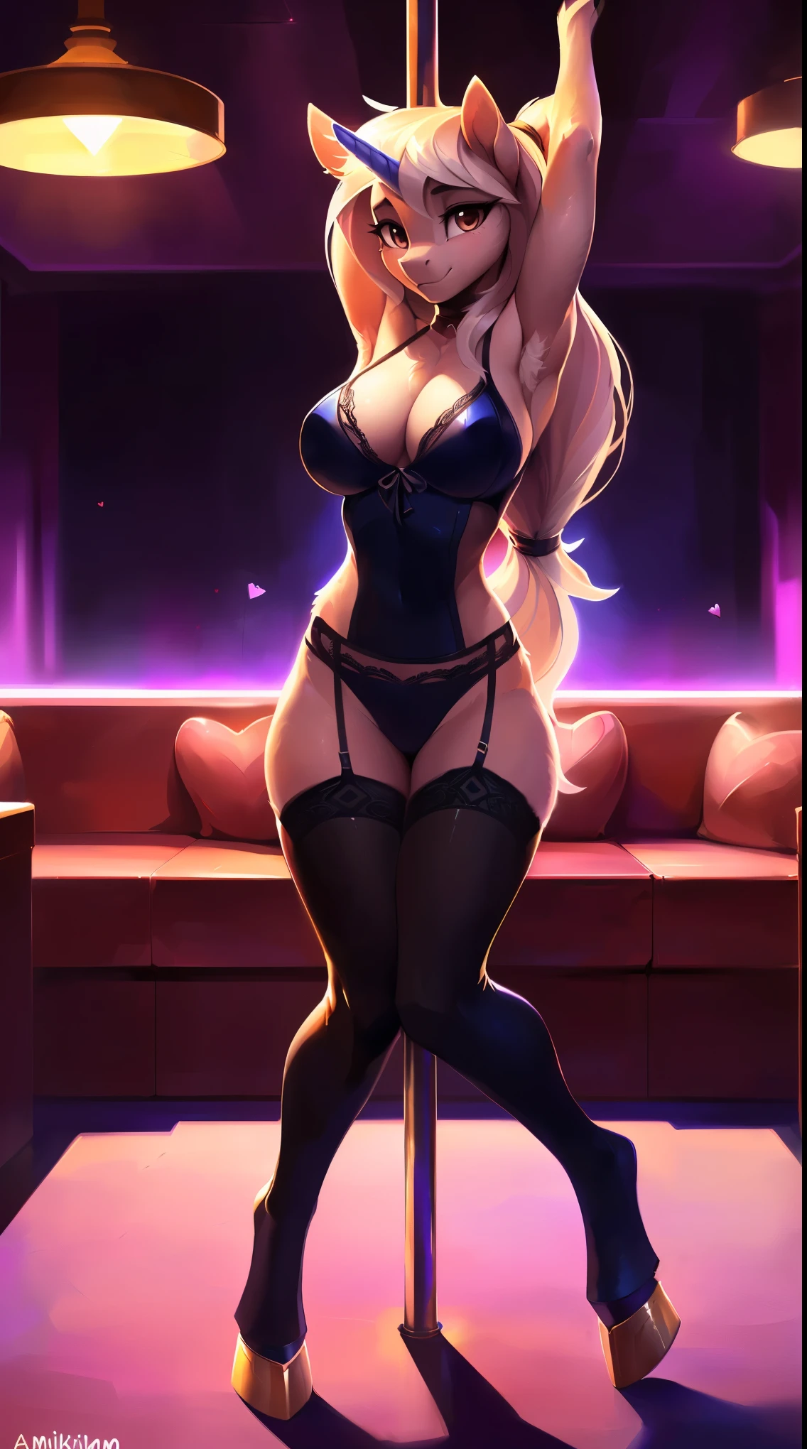 uploaded on e621, by Bayard Wu, by Einshelm, solo anthro, ((Portrait)), ((Wear a erotic outfit)), stripper, pole dancing, (valentine's day style:1.5), (pink and red Underwear), (lacy stockings), (detailed Bonifasko lighting), (Detailed fur), (detailed skin), (Cinematic blue and purple lighting), ((Detailed background, vip lounge, pole, stripclub)), (half body shadow), [explict content], [sharp-focus], (shaded), ((Masterpiece), brown eyes, (long hair), (atomic hair), Average Breasts, pectoral muscles, Fluffy pony, MLP, My Little Pony, (fluffy fur), fluffy tights, fluffy chest, furry fantasy art, anthro art, commission for high res, Furry art, pov furry art, Sakimichan is beautiful, Masterpiece, Best Quality, Detailed image, Dark colors, Detailed Face, perfect  lighting, Perfect shadows, Perfect eyes, focus on girl, flawless face, gorgeous body, Hourglass body, feet focus (hooves in tights), Fluffy, fluffy girl, Body fur, pony muzzle, Playful look, half closed eyes, 1girl, full body, Detailed fur, Balanced coloring, ((Long mane, pony tail)), Furry, anthro, (attractive body), looking at viewer, seductive gaze, seductive posing, perfect legs, perfect hair, crowded