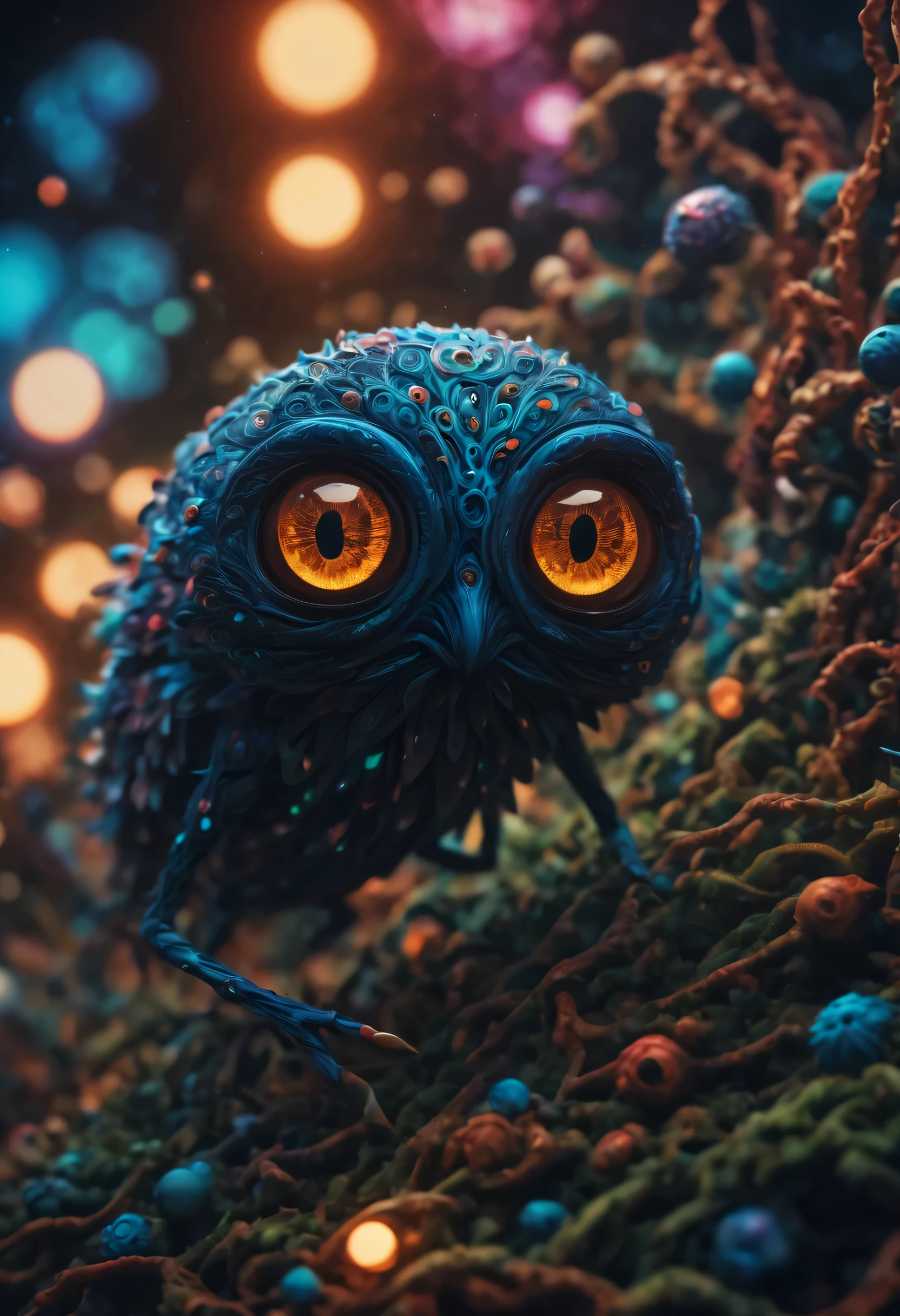 (best quality,4k,8k,highres,masterpiece:1.2),ultra-detailed,(realistic,photorealistic,photo-realistic:1.37),HDR,UHD,studio lighting,ultra-fine painting,sharp focus,physically-based rendering,extreme detail description,professional,vivid colors,bokeh,creepy,zentangle lines,origami,3D crunch,bioluminescent,otherworldly,enchanted,glowing eyes,dark and mysterious atmosphere,unique and intricate patterns,fantastical landscapes,star-filled sky,unexplored terrain,endless possibilities,playful and mischievous demeanors,undiscovered species,hidden secrets,extraterrestrial magic,unparalleled beauty,colorful and vibrant palette,mesmerizing dance of lights and shadows,unconventional and captivating art style,whimsical and surreal elements,extraordinary creatures with multiple limbs and appendages,breath-taking and awe-inspiring sights,spectacular and grandiose landscapes filled with extraordinary flora and fauna,astonishing and mind-bending perspectives,immersive and cinematic experience,revakutation of the boundaries of imagination.