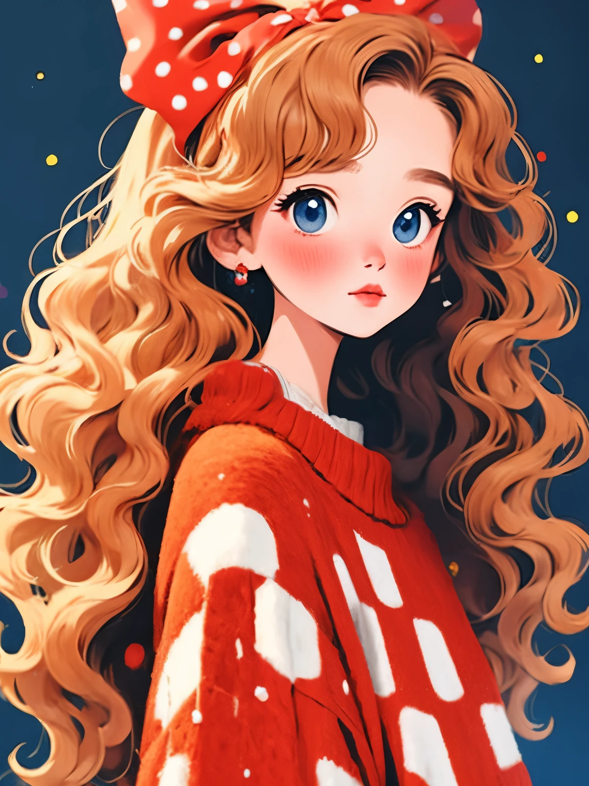 (masterpiece, best quality:1.2), 1 girl, alone，wavy hair，Light fluffy long hair，bow headband，polka dot sweater，Sweater details，clean background