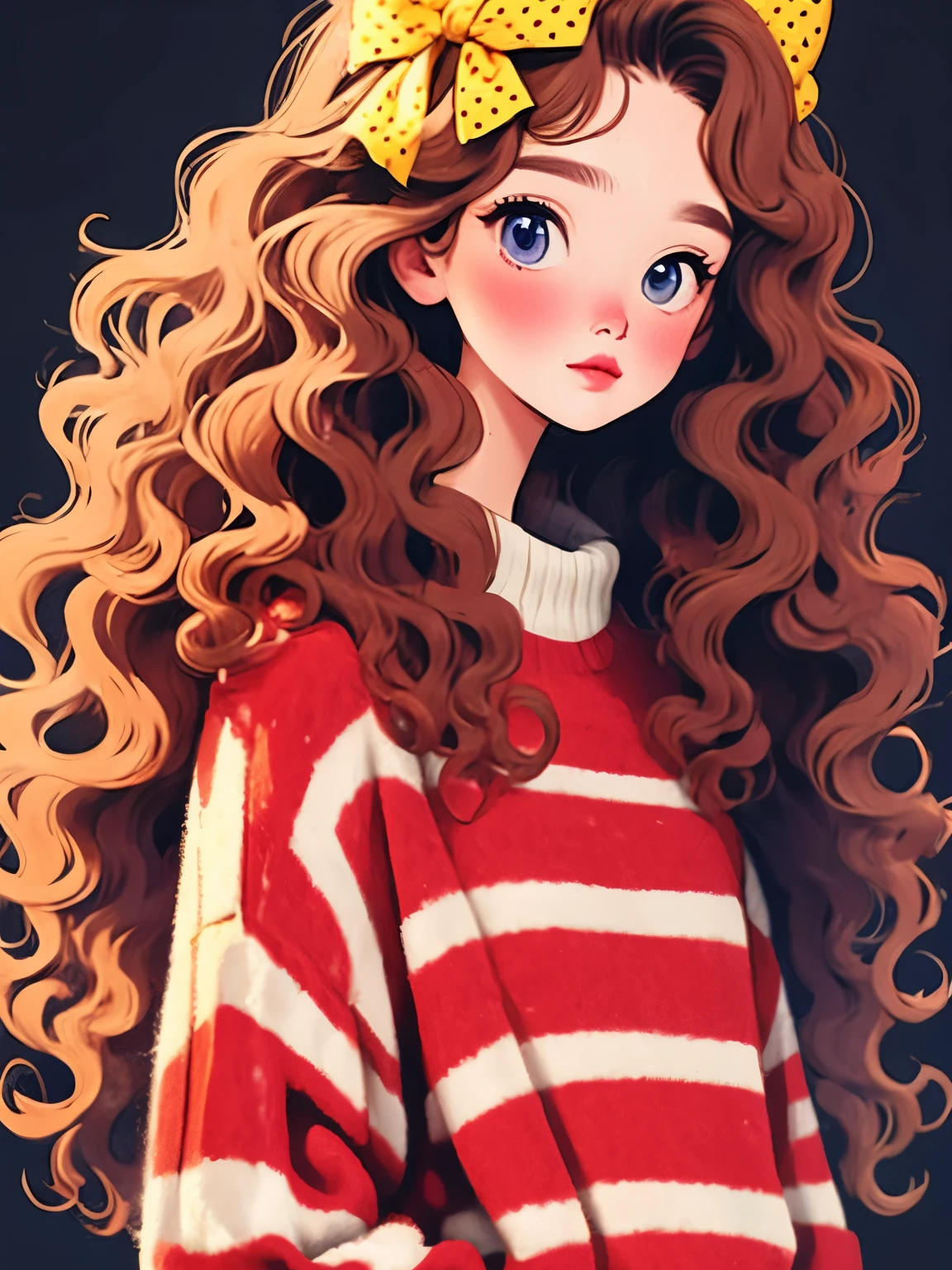 (masterpiece, best quality:1.2), 1 girl, alone，wavy hair，Light fluffy long hair，bow headband，polka dot sweater，Sweater details，clean background