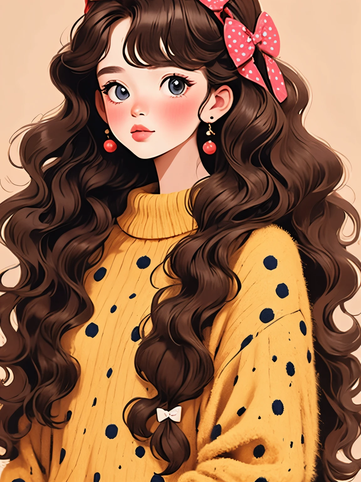 (masterpiece, best quality:1.2), 1 girl, alone，wavy hair，fluffy long hair，bow headband，polka dot sweater，Sweater details，clean background