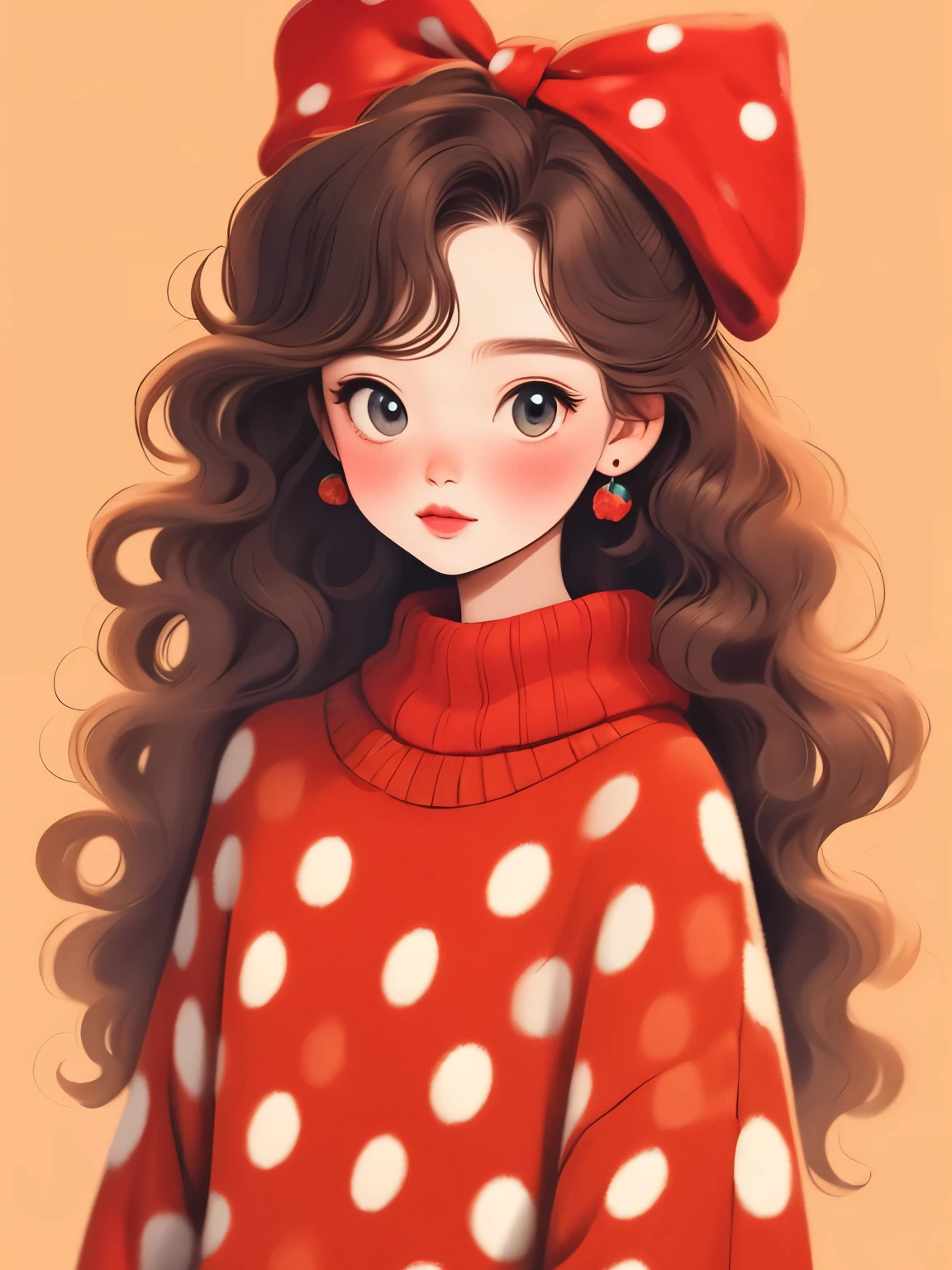 (masterpiece, best quality:1.2), 1 girl, alone，wavy hair，bow headband，polka dot sweater，Sweater details，clean background