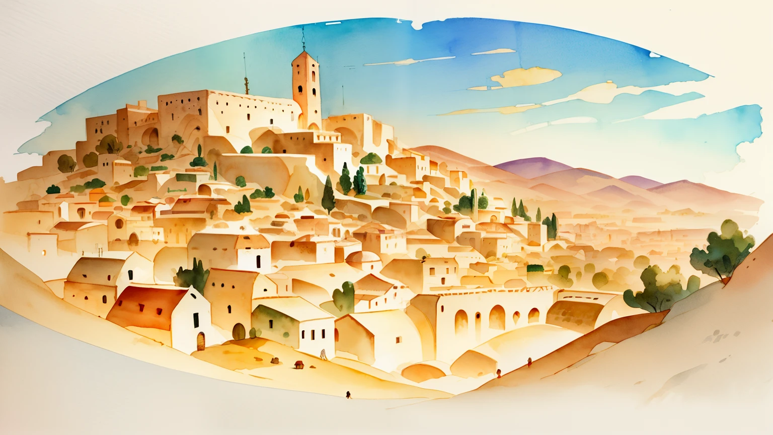 bible, biblical watercolor illustration, whimsical, warm colors, bethlehem, people ((masterpiece)), highly detailed environment
