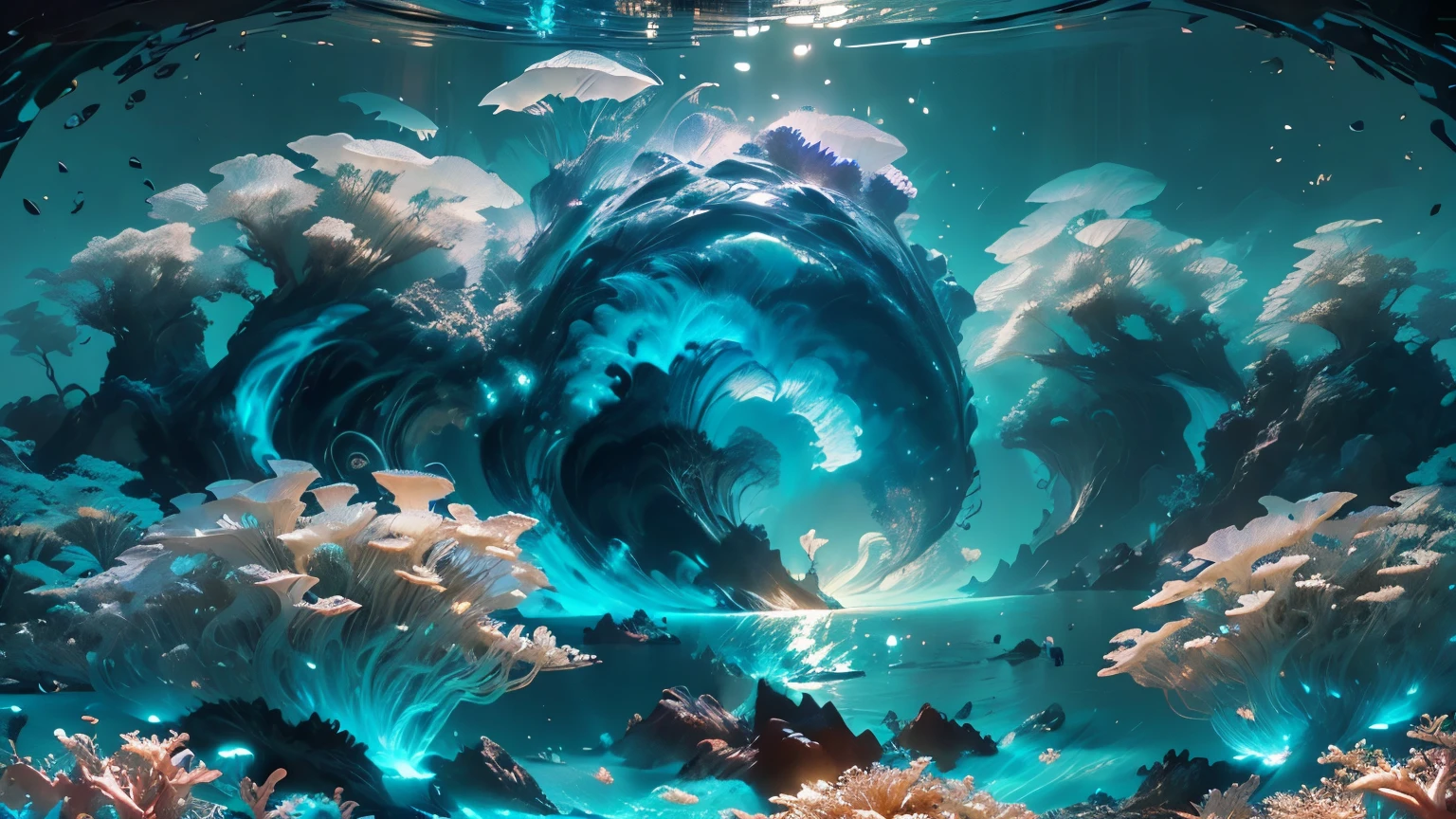 masterpiece, Best quality, (Очень детализированные Wallpaper CG Unity 8k), (Best quality), (best illustrations), (The best shadows), Marine theme with natural elements. Tall mangroves, rich sea plants, Glowing jellyfish, surrounded by schools of fish, Glowing particle effects,, (sea plants), (Ocean theme), ((glowing algae)), (coral), ((Glowing jellyfish )), ((Glowing creatures in sea water)), ((Sea fire)), (((particle effect))), isometric 3D, octane number, ray tracing, super detailed hydrangeas, park, lake, small hill, Pebble path, Wallpaper, art deco, high detail, Cubist Futurism, surrealism, modern, gothic art, atmospheric perspective, panorama, perspective, Diffraction spikes, masterpiece, Best quality, anatomically correct, high details, 8K . ((Marine Art Logo)) !top quality! masterpiece! High quality logo. 3D visualization. unreal engine. Highest quality, details, textures, materials, and clear forms (smooth glass, synthetic material, fake diamond, plastic, metal). Blue radiance from the depths of forms, Marine Art Logo!, 3D логотип. One . Front camera view, art deco, high detail, modern, gothic art, Fauvism, modern Art, constructivism, pop art, Hyperrealism, pixar, depth of field, glowing light, ray tracing, light reflection, backlight