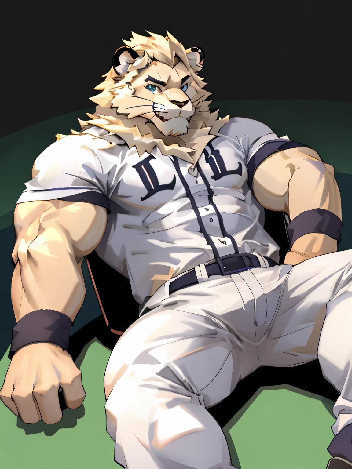 Leo seibu lions, good looking, male, anthro, ultradetailed, muscular, solo, bareness, rippling muscles, muscles, simple background, vector background, tail, smiling, lying, open legs, baseball uniform, poster