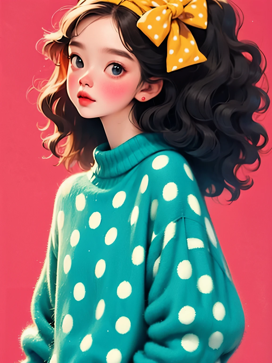 (masterpiece, best quality:1.2), 1 girl, alone，wavy hair，bow headband，polka dot sweater，Sweater details，clean background