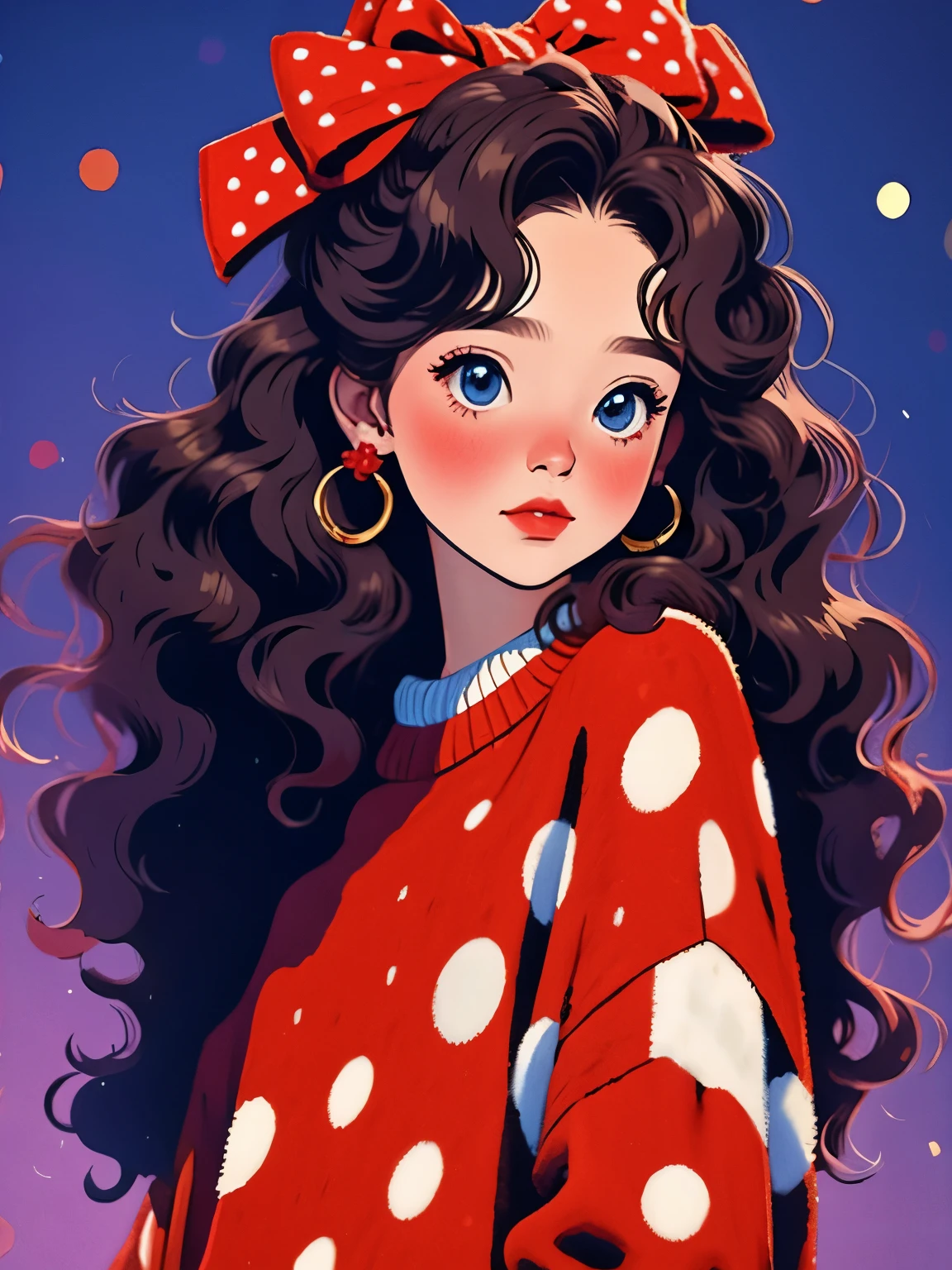 (masterpiece, best quality:1.2), 1 girl, alone，wavy hair，bow headband，polka dot sweater，Sweater details，clean background