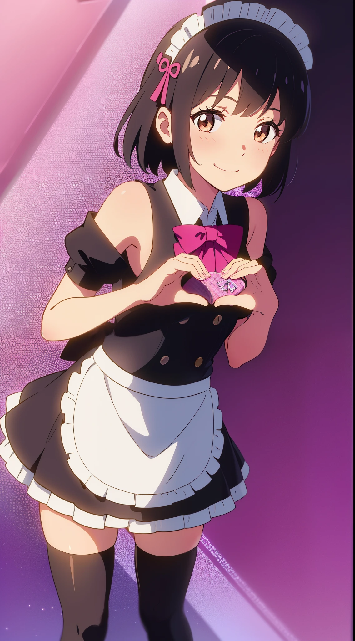 shinkai makoto, kimi no na wa., 1girl, bangs, black hair, blush, brown eyes, shiny skin, smile, cute, short hair, looking at the viewer, pink apron, bow, pink dress, frills, hair ornament, heart, heart hands, perfect hands, perfect fingers, maid, maid apron, maid headdress, Off-the-shoulders, short dress, solo, thighhighs, white thighhighs, valentine background