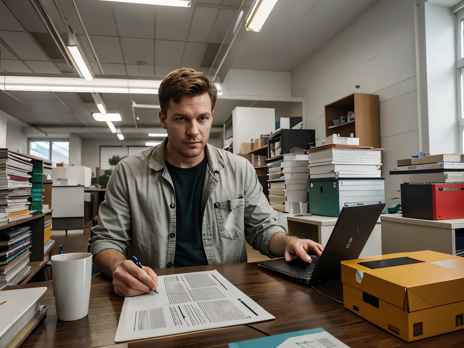 There's a man working on a laptop in a room full of stacks of papers, Directed by: Kurt Roesch, Directed by: Artur Tarnowski, Man in futuristic lab 6 0' s, artistic rendering, photo rendering, Directed by: Aleksander Gierymski, Oficina Olschinsky, Directed by: Joe de Mers, photomanipulation, Directed by: Richard Hess