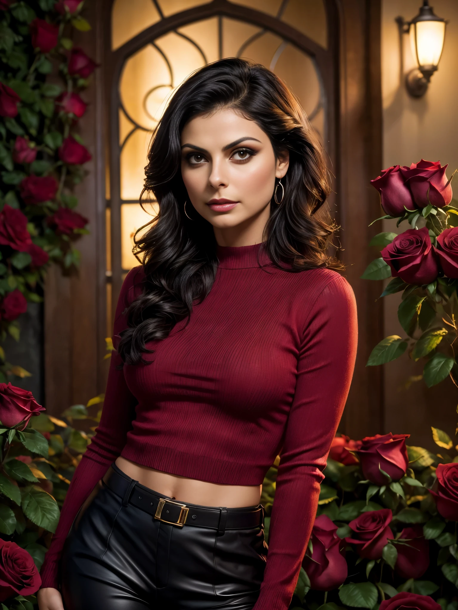 from below, best quality, ultra high res, (photorealistic:1.4), Morena Baccarin, (makeup:1.4), long sleeve sweater, natrual breasts, (black wavy hair:1.3), (surrounded by roses:1.3), (sweet romantic lighting:1.4), (seductive expression:1.1), looking at viewer, (satin cargo pants:1.05)