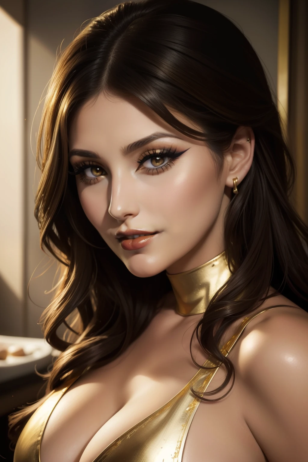 Lucy Pinder, Face portrait, portrait, smiling, ((VERY INTENSE MAKEUP)), voluptuous, neckline, CHEF, ((Gold lipstick))