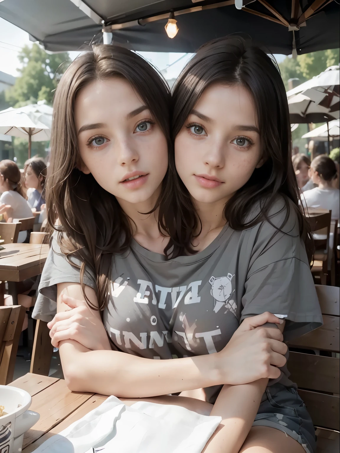 best resolution, conjoined_dicephalus, (2 heads: 1.3), swedish woman with two heads, 25 years old, gray eyes, freckles, wearing a t-shirt and shorts, in an outside restaurant table, half body shot
