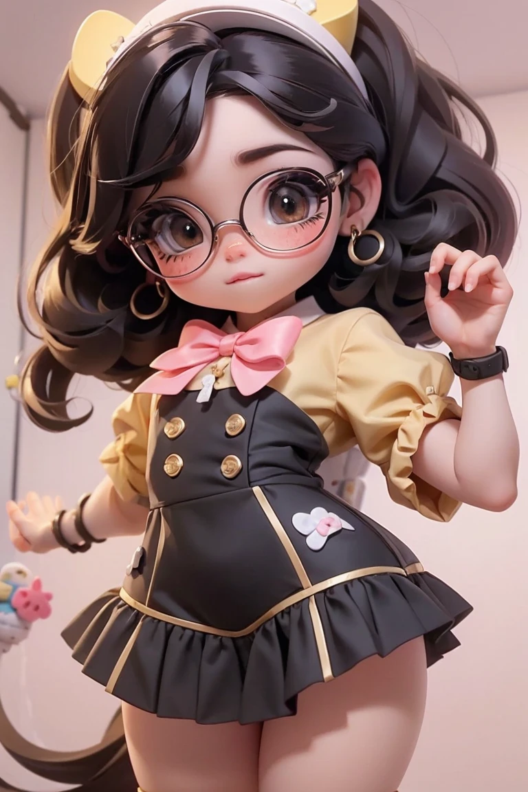 Create a series of cute scientist dolls 18K version of the Beautiful Black Researcher science laboratory , pele negra, cabelo preso, cabelo solto, redondo, luxurious golden glasses,Detalhes detalhados (mini corpo inteiro UHD, incluindo as pernas: 1.5) UHD, Jolie Science Lab : Deve estar empacotado vestido com um jaleco p ficar charmoso e bonito , do personagem original. science laboratory must have a round face and large dimensions, olhos claros, long eyelashes and rosy cheeks. Seu cabelo deve ser longo e tons preto de cor escuro. bonito: Vestir ((MINI)) chibi em um jaleco de JANAINA deve ser bonito,FOFO, adorable and charming in pink and yellow colors .