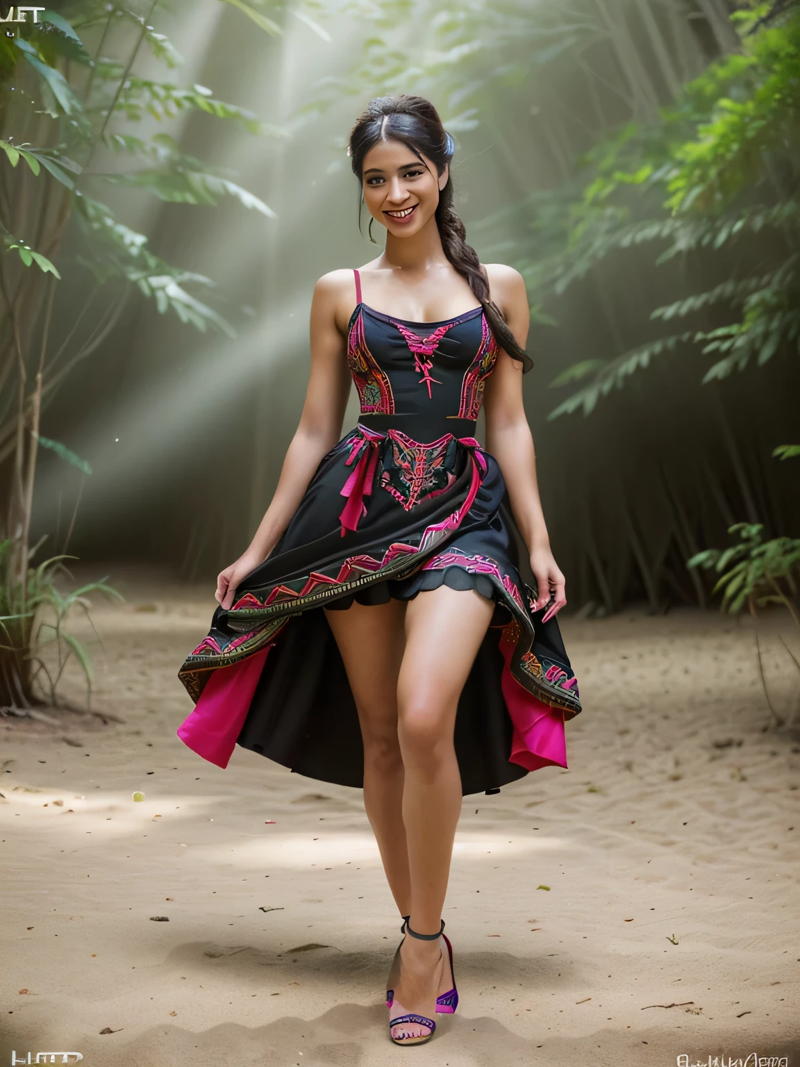 (((whole body))) (((показать legs, legs))). (((DRESS FULLY in traditional clothing.))) (((full color))) (young) (25-year-Old) (Incredibly beautiful sweaty smiling Mexican girl in high heels, hunting ), long straight sandy black hair, styled in a hairstyle, Red lips, in a sexy lace cutout, ((short)), Wear a dress made of multi-colored luminous threads., (((8K, ultra high resolution, complex parts, hyperrealistic photo)))
