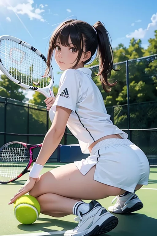 ((((whole body:1.3),1 girl, alone, Japanese Girls,  girl、12 years old, (hig, Realistic, High resolution, 8k, Very detailed, Detailed face, Shiny skin), Black Hair, ragged bangs, ponytail,smile,（whole bodyショット),Side Shot,Tennis player uniforms,Pink sneakers,Are standing,Tennis court,The face is looking at the viewer,Sit on the ground,knee up,White panties,Panty Shot,With a skirt on,Thighs,The back of the thighs are also exposed.,Perfect hands,Perfect legs,A dynamic pose