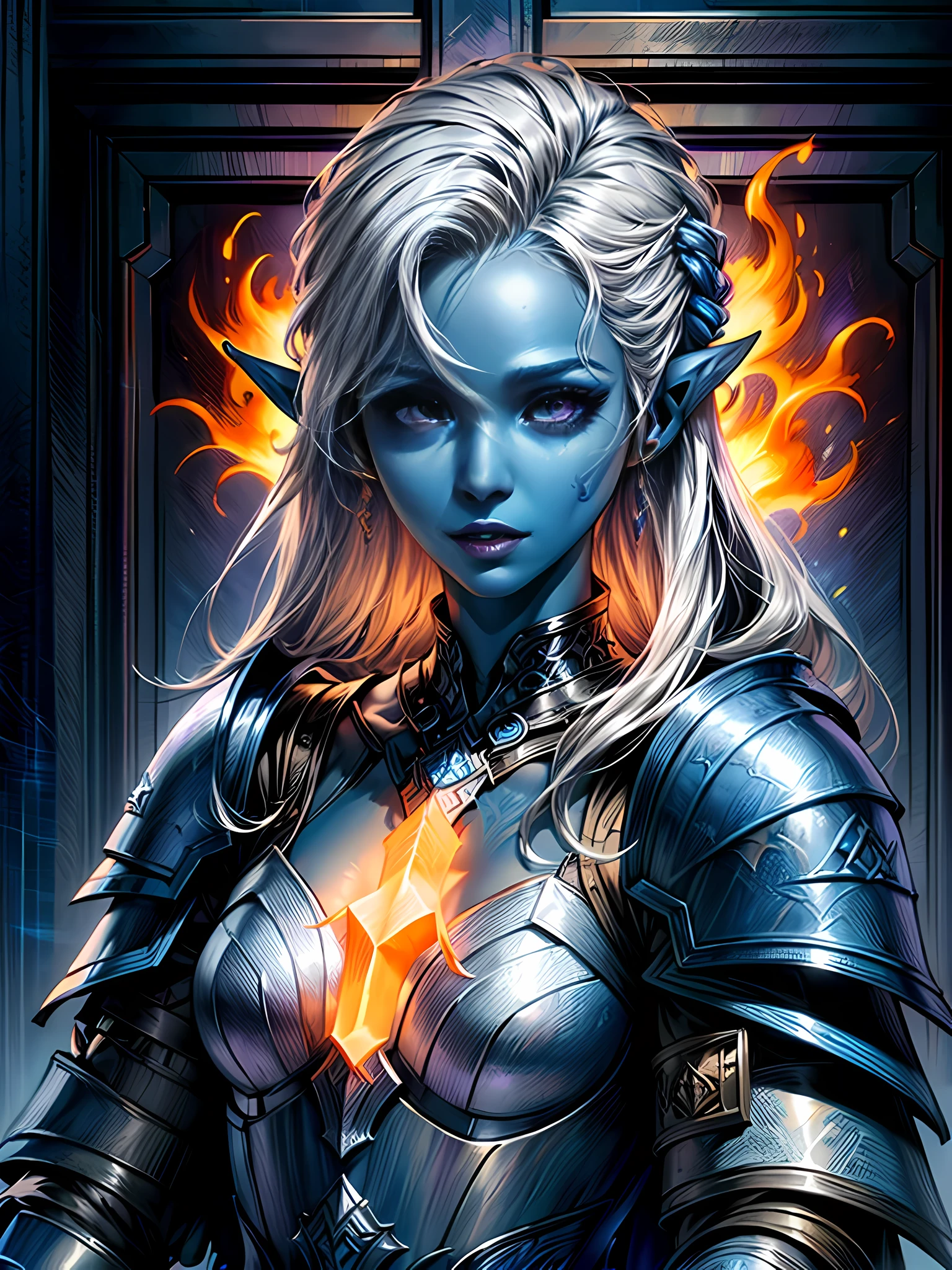 fantasy art, dnd art, RPG art, wide shot, (masterpiece: 1.4) a (portrait: 1.3) intense details, highly detailed, photorealistic, best quality, highres, portrait a female (fantasy art, Masterpiece, best quality: 1.3) ((blue skin: 1.5)), intense details facial details, exquisite beauty, (fantasy art, Masterpiece, best quality) cleric, (blue: 1.3) skinned female, (white hair: 1.4), long hair, (hair hides ears: 1.5), (purple eyes: 1.3), fantasy art, Masterpiece, best quality) armed a fiery sword red fire, wearing heavy (white: 1.3) half plate mail armor, wearing high heeled laced boots, wearing an(orange :1.3) cloak, wearing glowing holy symbol GlowingRunes_yellow, within fantasy temple background, reflection light, high details, best quality, 16k, [ultra detailed], masterpiece, best quality, (extremely detailed), close up, ultra wide shot, photorealistic, RAW, fantasy art, dnd art, fantasy art, realistic art,((best quality)), ((masterpiece)), (detailed), perfect face,