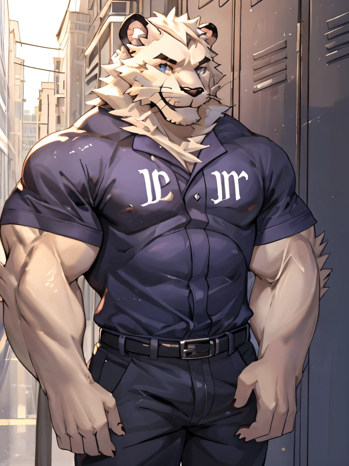 Leo seibu lions, good looking, male, anthro, ultradetailed, muscular, solo, bareness, rippling muscles, muscles, tail, smiling, baseball uniform, locker background,