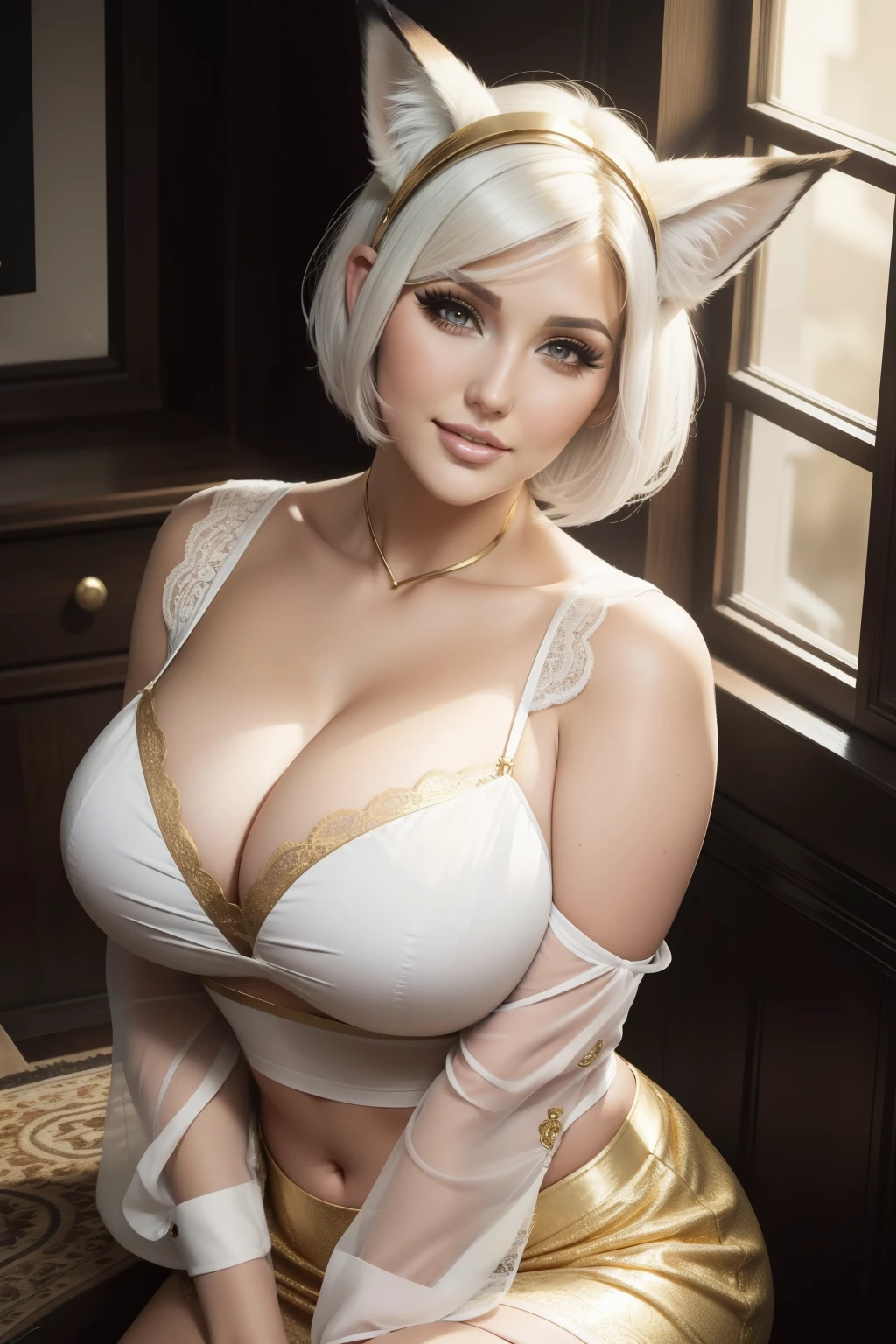 Lucy Pinder, face portrait, portrait, smiling, ((VERY INTENSE MAKEUP)), voluptuous, cleavage, lace, white hair, short hair, fox ears, white blouse, gold skirt