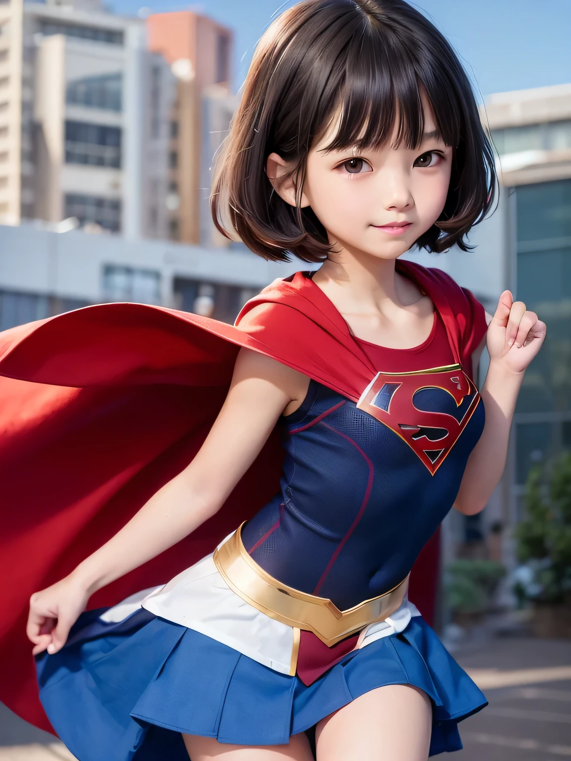 A very elementary school student is wearing Supergirl clothes..、masterpiece、highest quality、Spreading black hair、bob cut with trimmed ends、(flat chest)、con、red cloak、short sleeve、belly button、Many shining hearts fly away、Rooftop background with pool、(whole body)、smile、cute pose