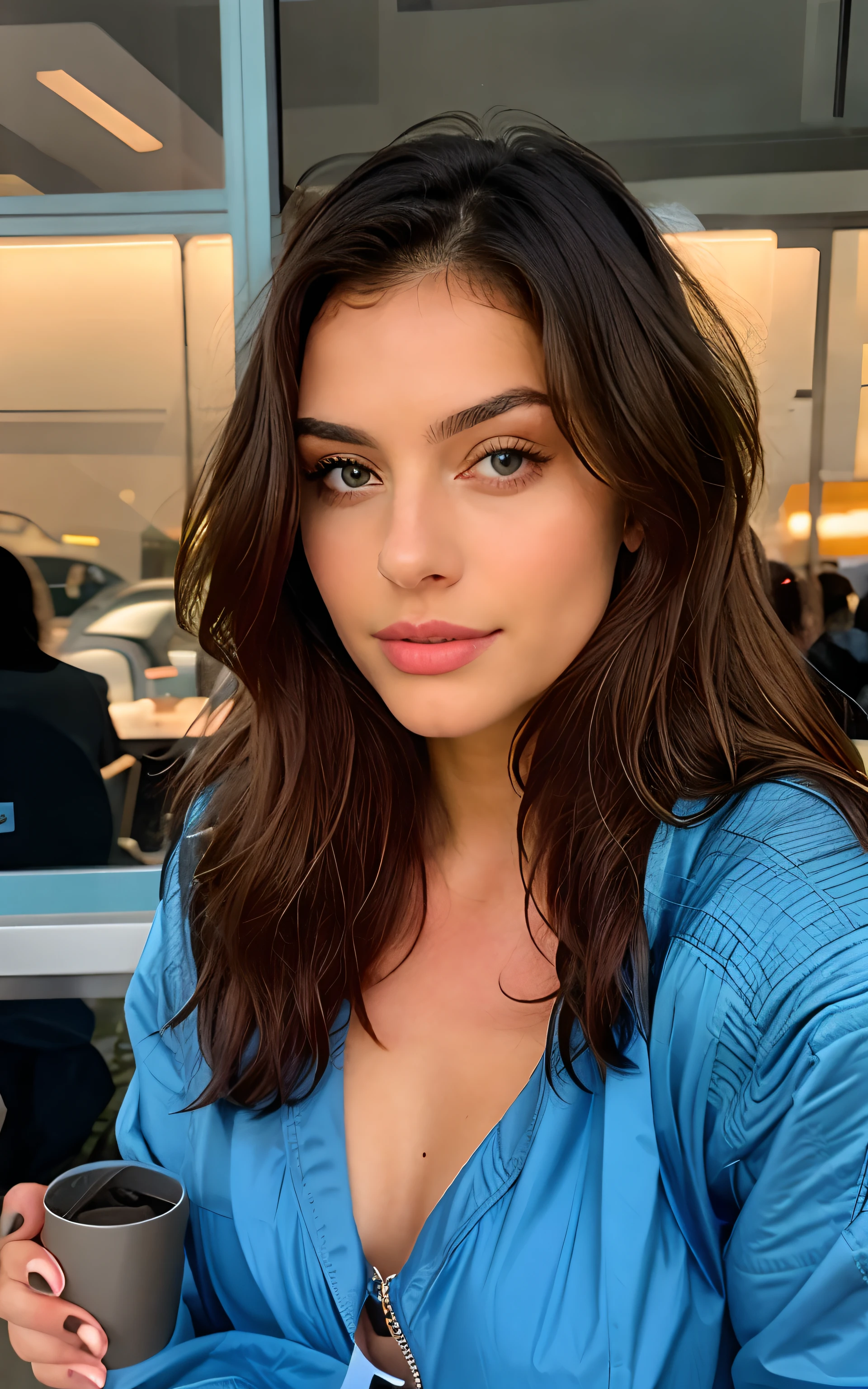Linda morena vestindo uma jaqueta azul, saco azul