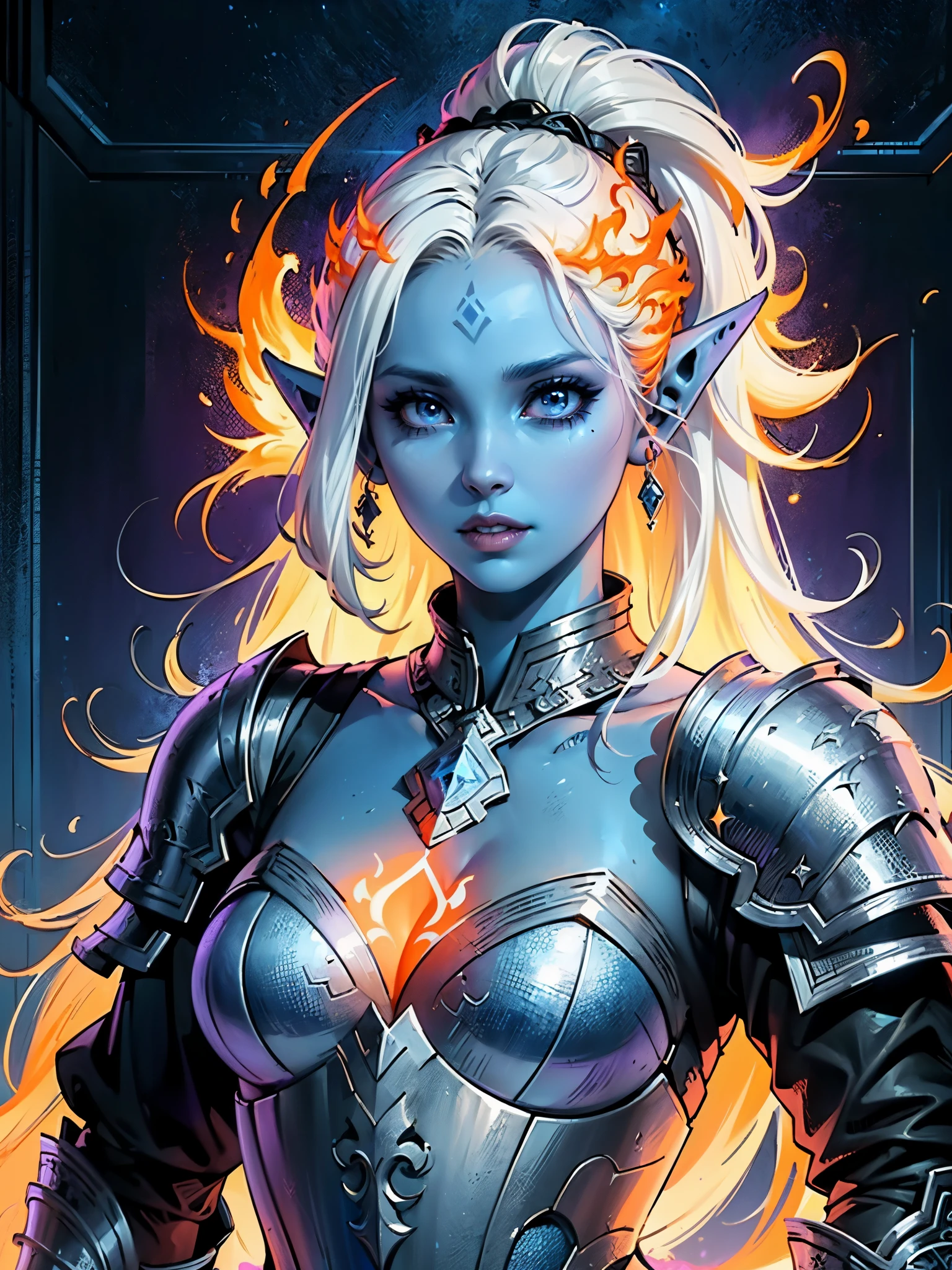 fantasy art, dnd art, RPG art, wide shot, (masterpiece: 1.4) a (portrait: 1.3) intense details, highly detailed, photorealistic, best quality, highres, portrait a female (fantasy art, Masterpiece, best quality: 1.3) ((blue skin: 1.5)), intense details facial details, exquisite beauty, (fantasy art, Masterpiece, best quality) cleric, (blue: 1.3) skinned female, (white hair: 1.4), long hair, (hair hides ears: 1.5), (purple eyes: 1.3), fantasy art, Masterpiece, best quality) armed a fiery sword red fire, wearing heavy (white: 1.3) half plate mail armor, wearing high heeled laced boots, wearing an(orange :1.3) cloak, wearing glowing holy symbol GlowingRunes_yellow, within fantasy temple background, reflection light, high details, best quality, 16k, [ultra detailed], masterpiece, best quality, (extremely detailed), close up, ultra wide shot, photorealistic, RAW, fantasy art, dnd art, fantasy art, realistic art,((best quality)), ((masterpiece)), (detailed), perfect face,
