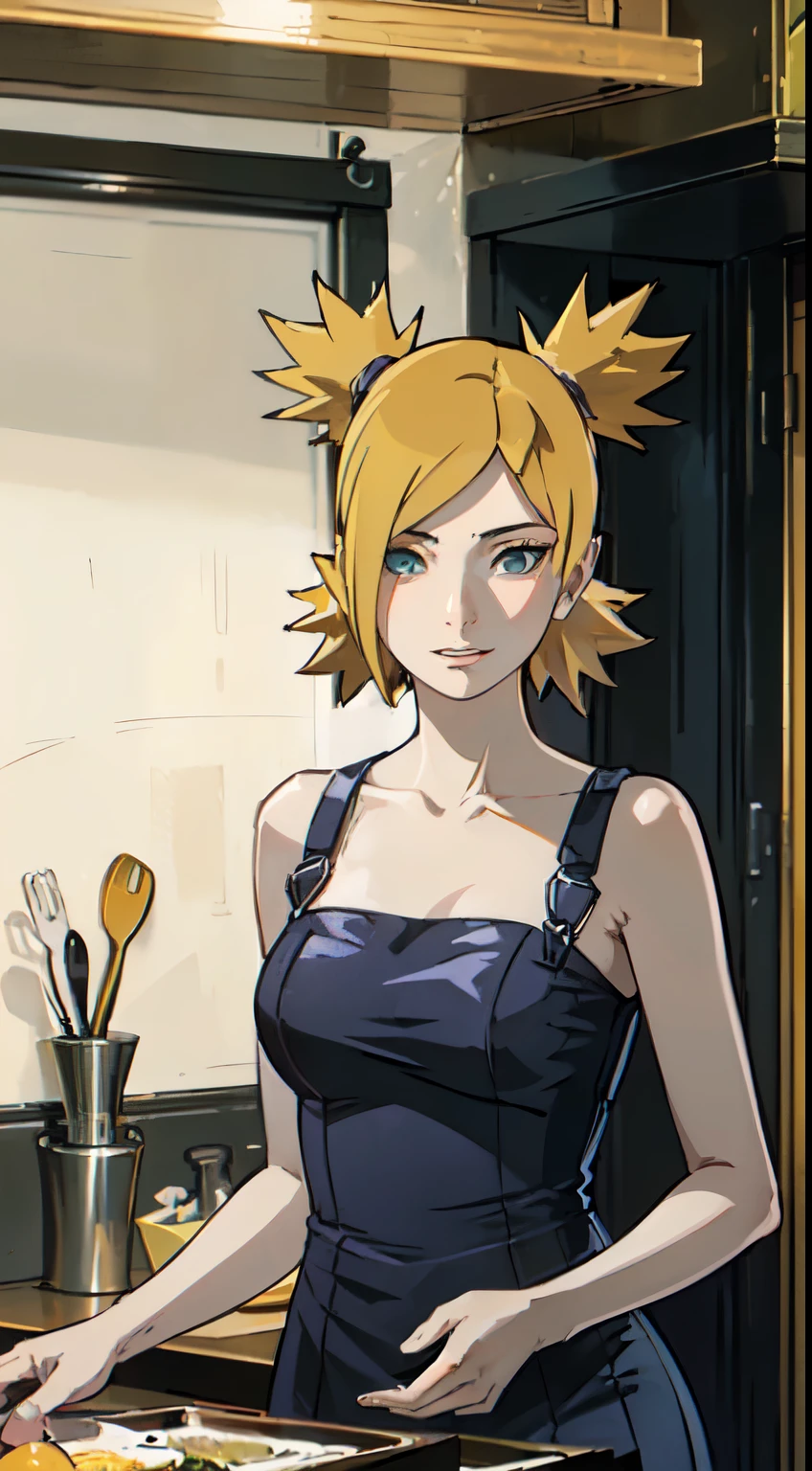 ((((Masterpiece, Best Quality, High resolution)))), 1 girl, average breasts, blush, light smile, Chapped lips, glow, Thighs, bare shoulders, clavicle, narrow waist, neckline, (Masterpiece), (beautiful detailed face, Beautiful detailed eyes), (NAKED Apron, kitchen, arms behind the back,), temari\(boruto\)